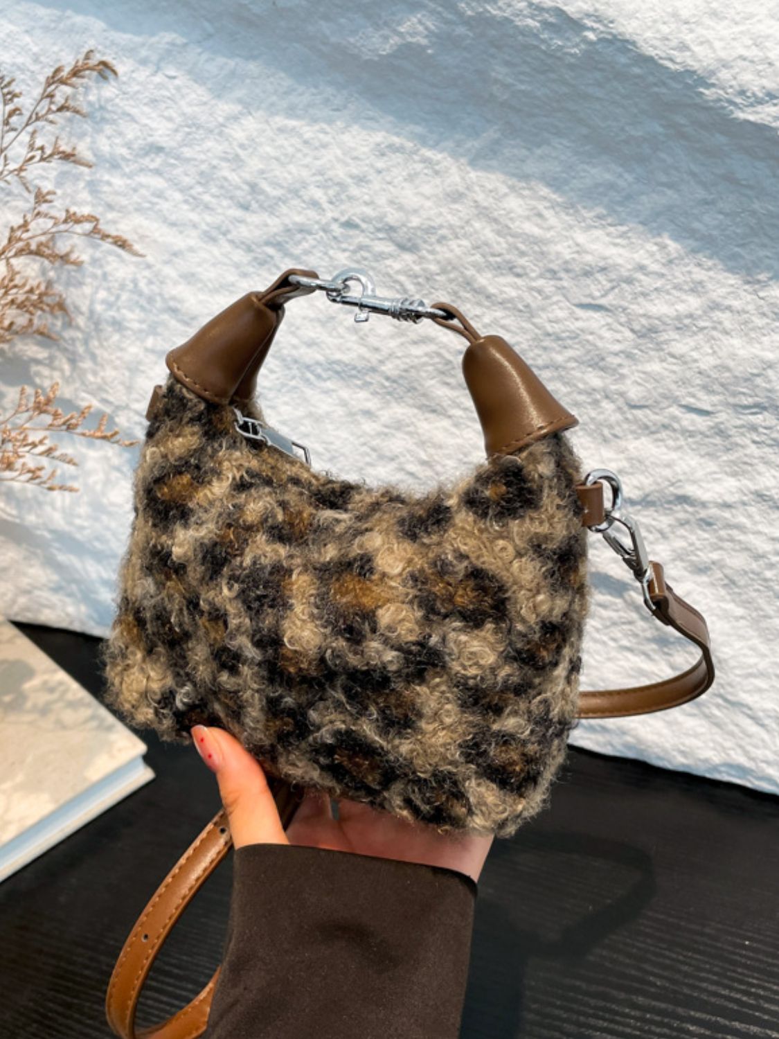 Fuzzy Polyester Mini Handbag with Zipper