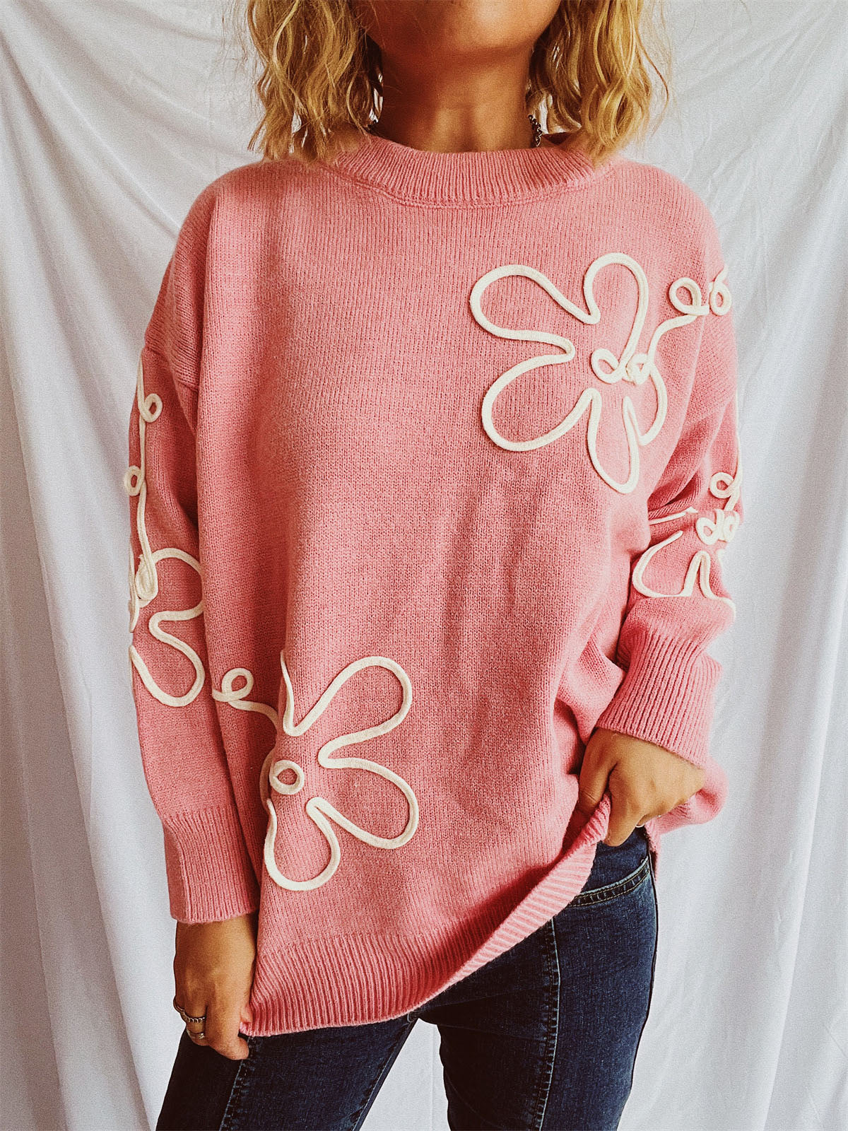 Flower Round Neck Long Sleeve Sweater