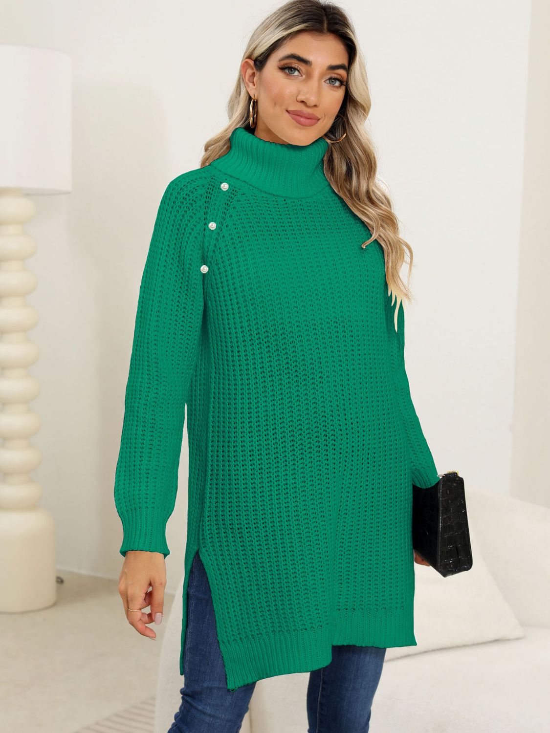 Slit Turtleneck Long Sleeve Sweater