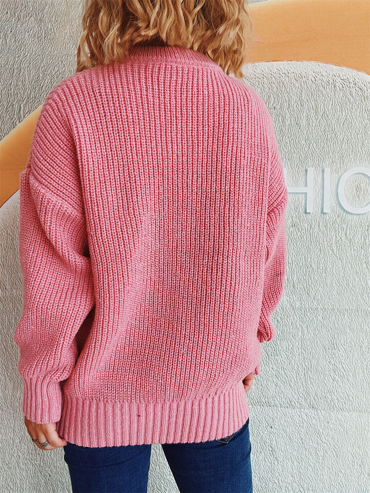 Crochet Flower Round Neck Dropped Shoulder Sweater