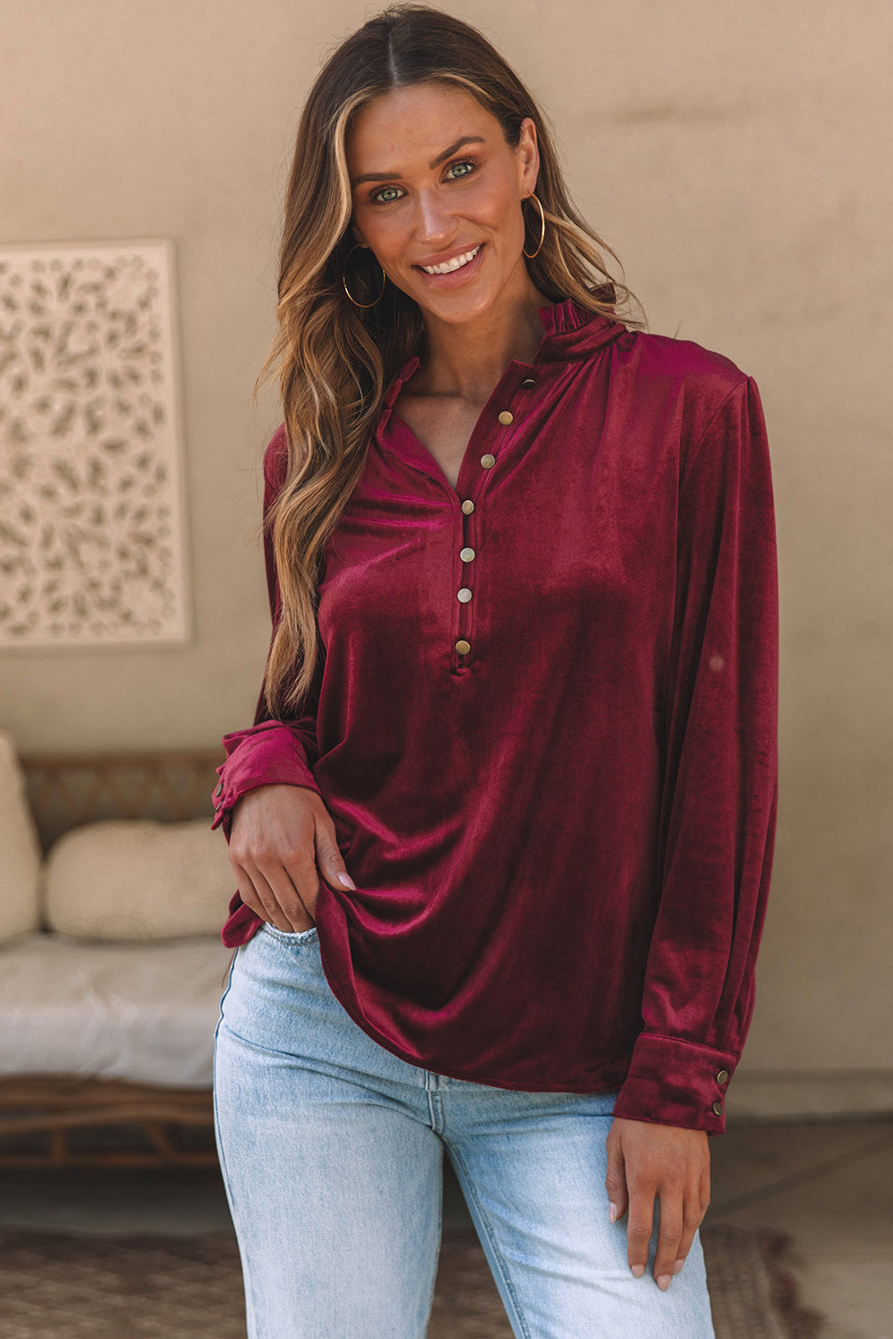 Mock Neck Long Sleeve Blouse