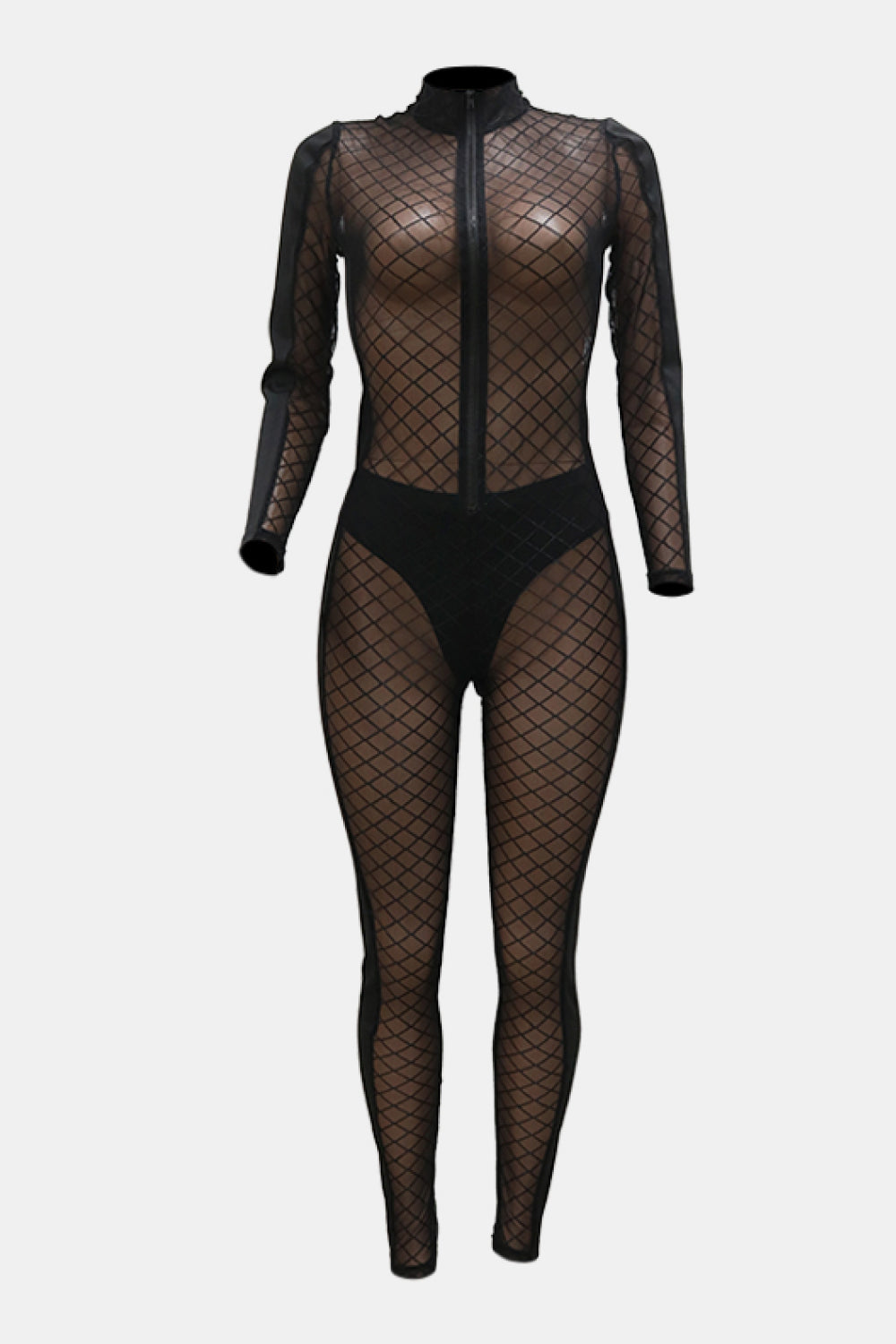 Zip Up Long Sleeve Sheer Fishnet Jumpsuit - Marie Lashaays 