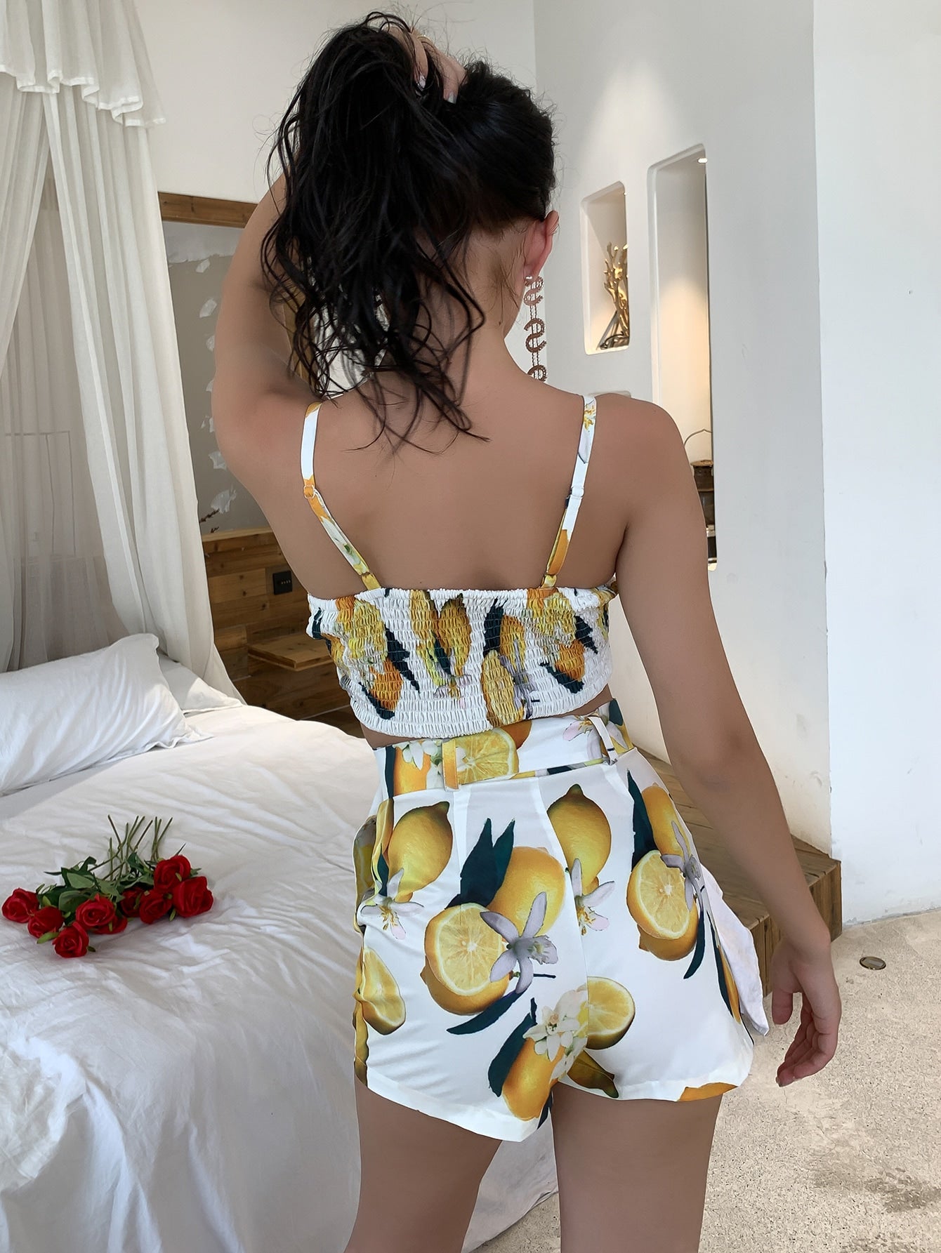 Lemon Print Twisted Cami and Belted Shorts Set - Marie Lashaays 