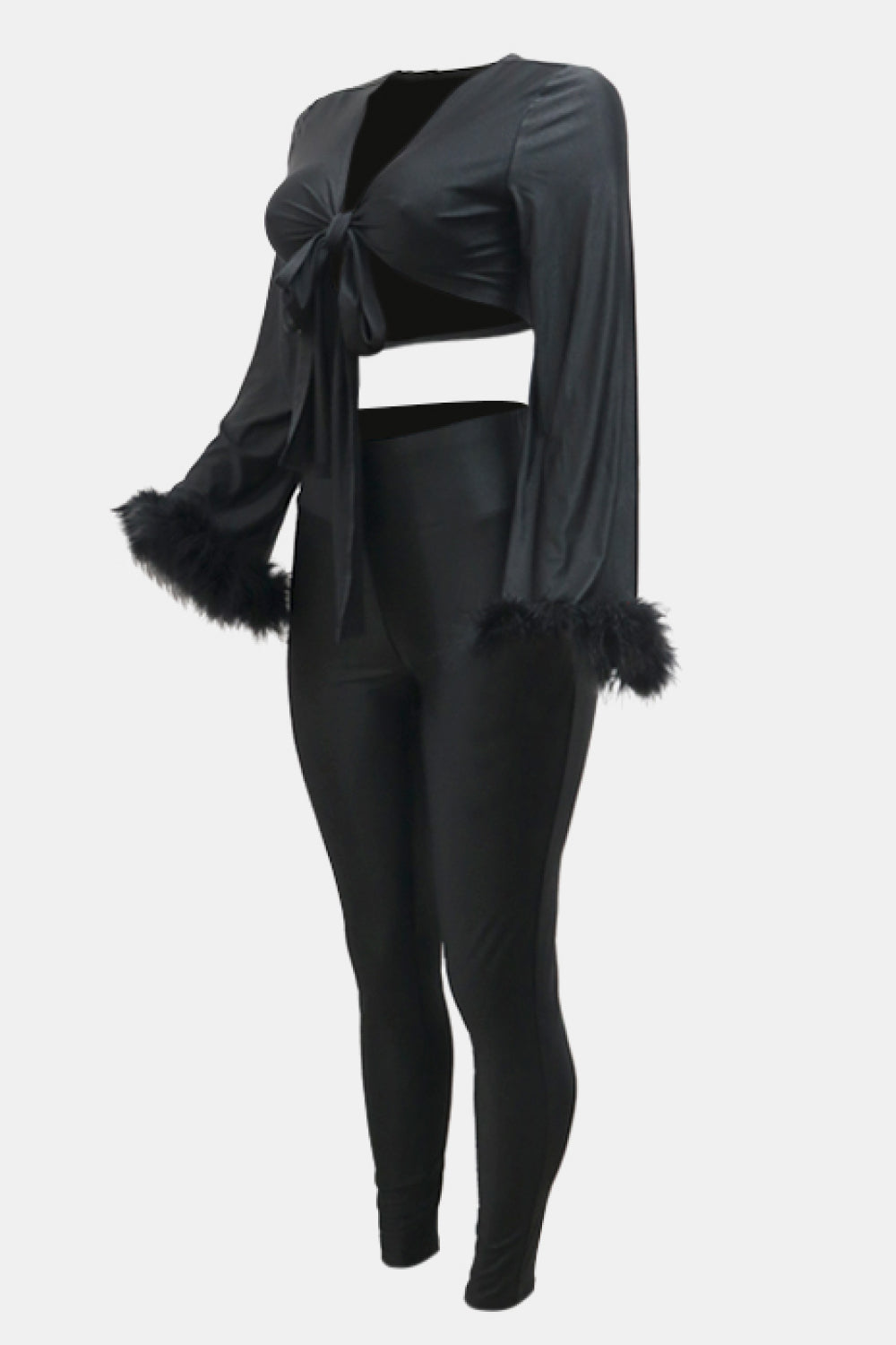 Tie Front Feather Detail Cropped Top and Leggings Set - Marie Lashaays 