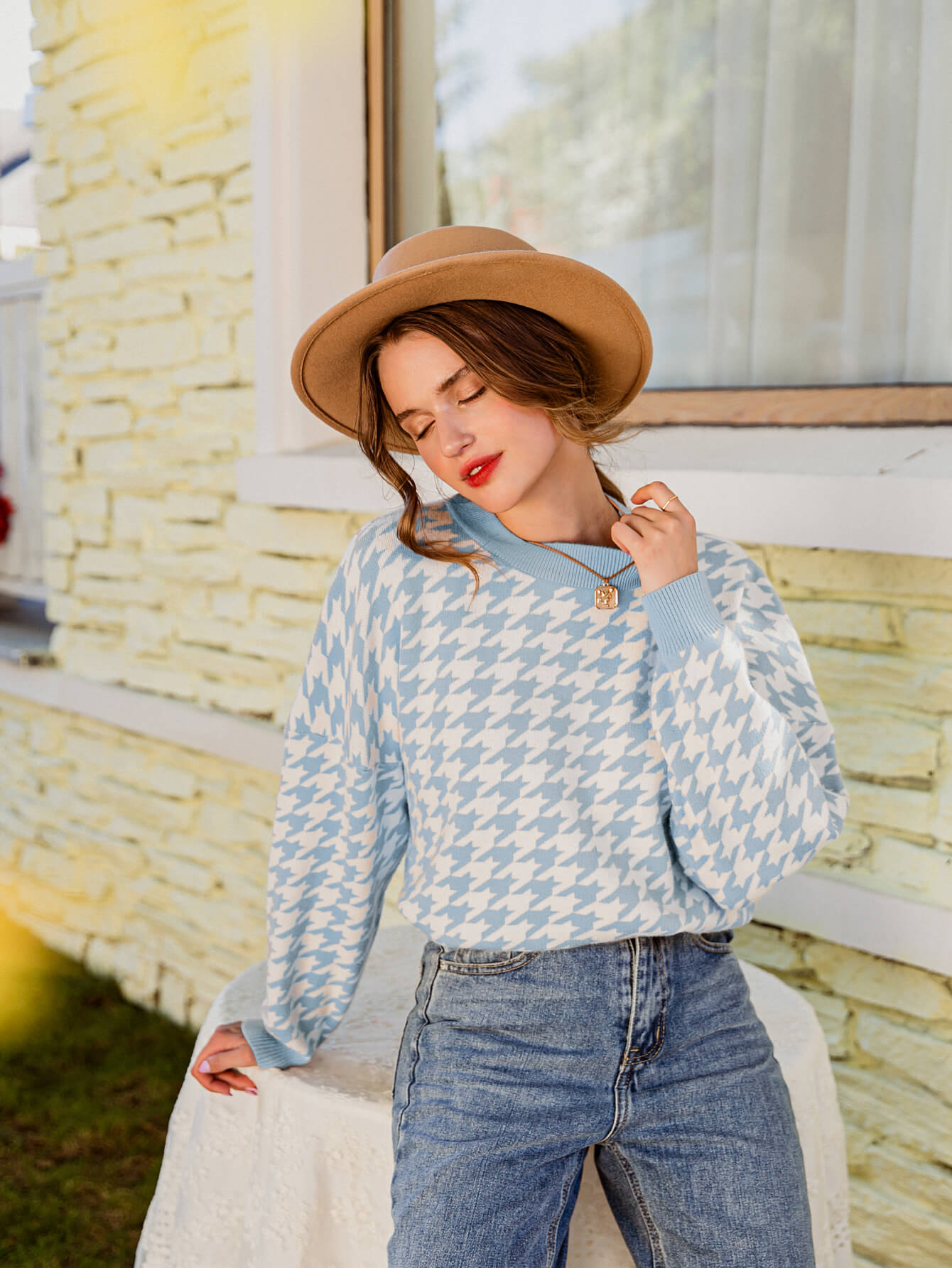 Houndstooth Ribbed Trim Sweater