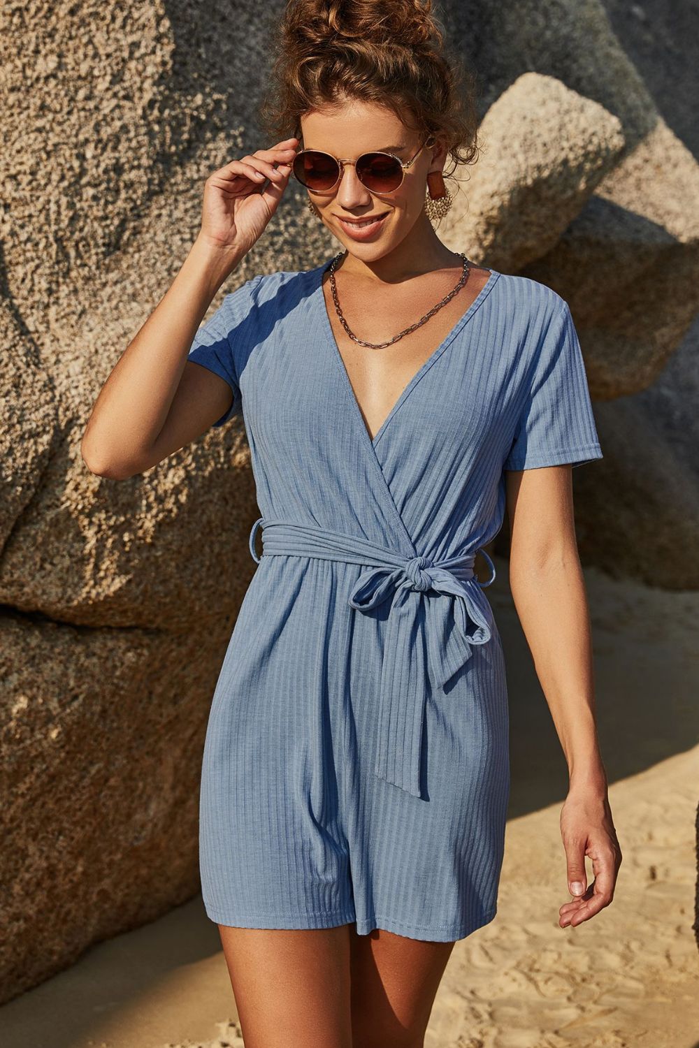 Ribbed Short Sleeve Belted Romper - Marie Lashaays 