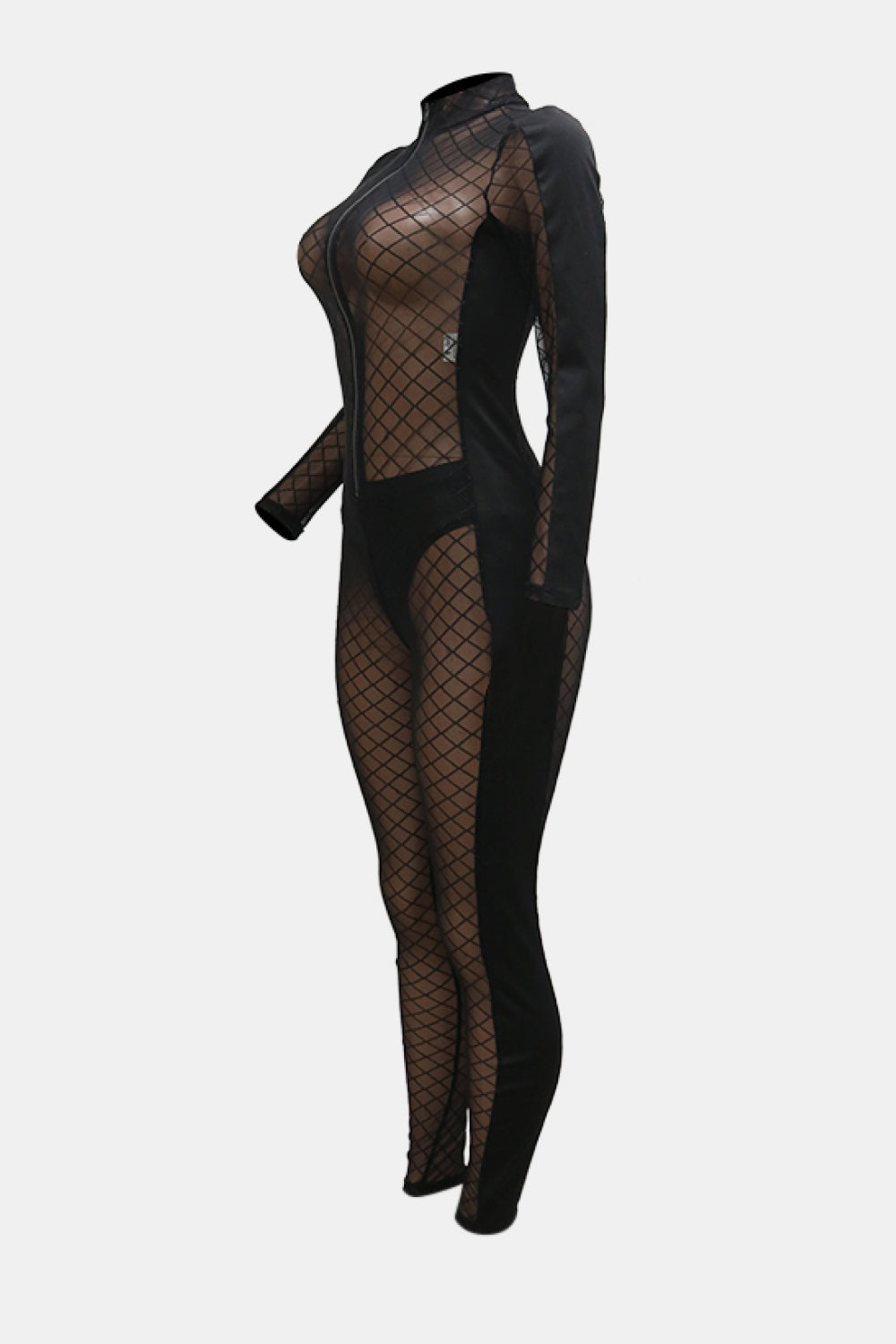 Zip Up Long Sleeve Sheer Fishnet Jumpsuit - Marie Lashaays 