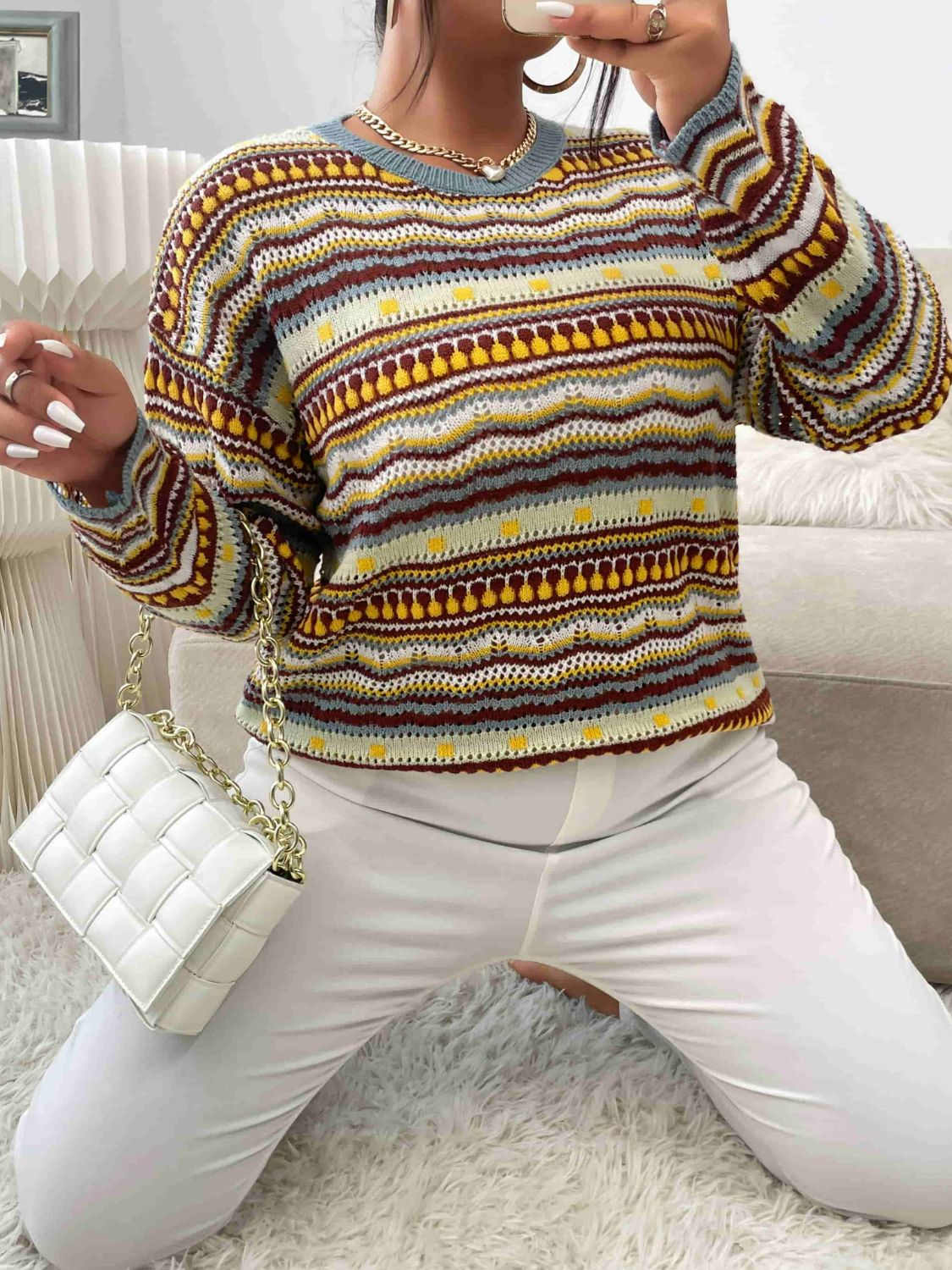 Plus Size Multicolored Scalloped Hem Round Neck Sweater