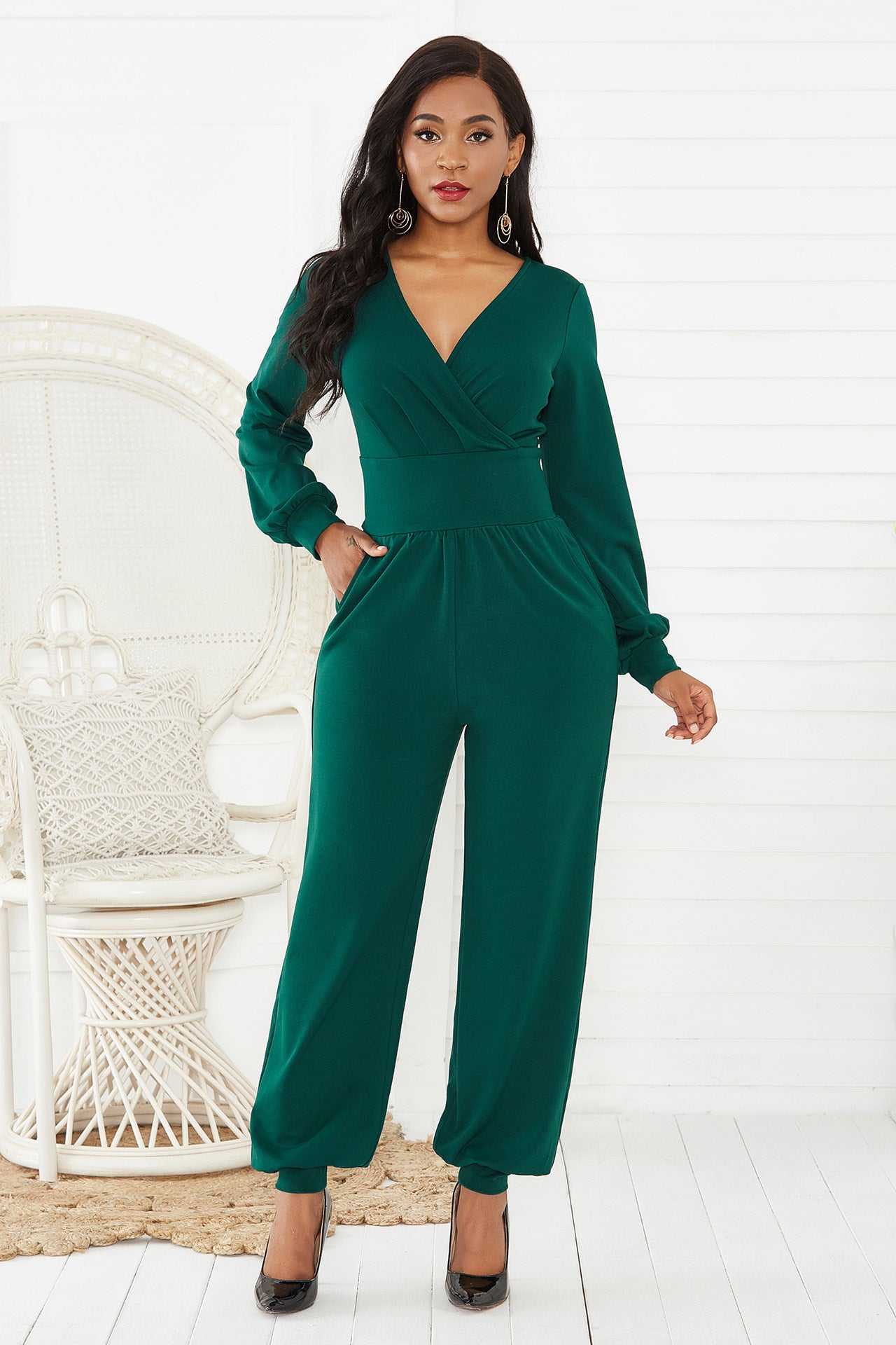 Gathered Detail Surplice Lantern Sleeve Jumpsuit - Marie Lashaays 