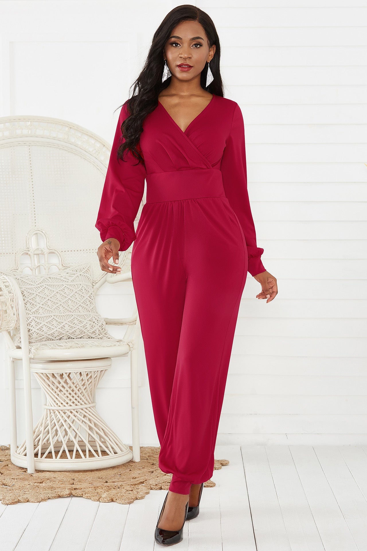 Gathered Detail Surplice Lantern Sleeve Jumpsuit - Marie Lashaays 