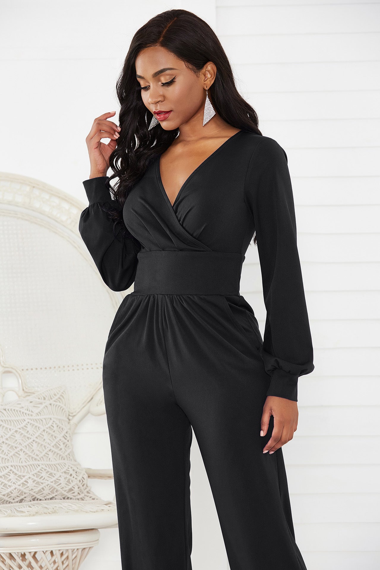 Gathered Detail Surplice Lantern Sleeve Jumpsuit - Marie Lashaays 