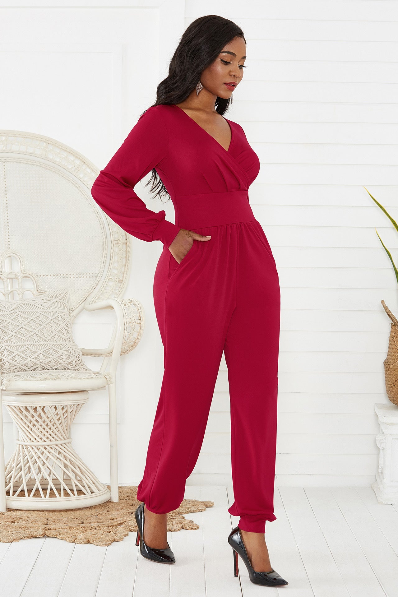 Gathered Detail Surplice Lantern Sleeve Jumpsuit - Marie Lashaays 