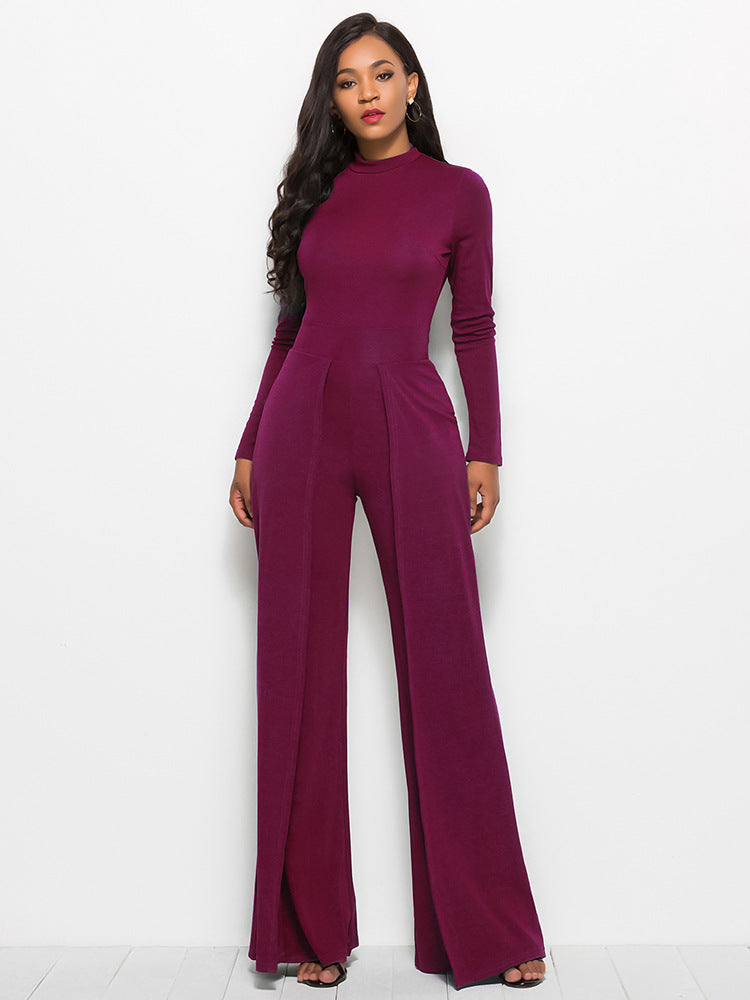 Long Sleeve Mock Neck Wide Leg Jumpsuit - Marie Lashaays 