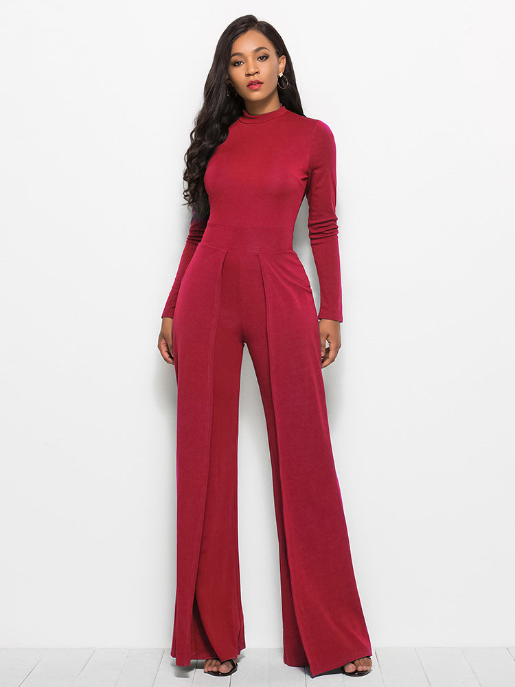 Long Sleeve Mock Neck Wide Leg Jumpsuit - Marie Lashaays 