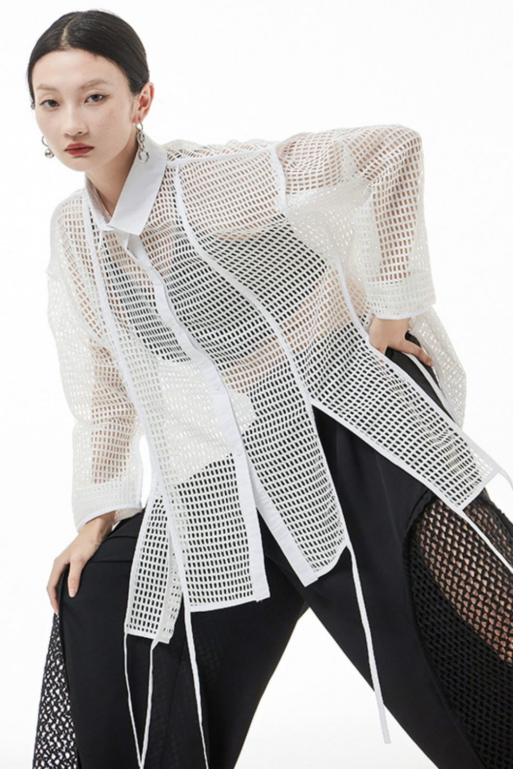 Openwork Mesh Slit Long Sleeve Shirt