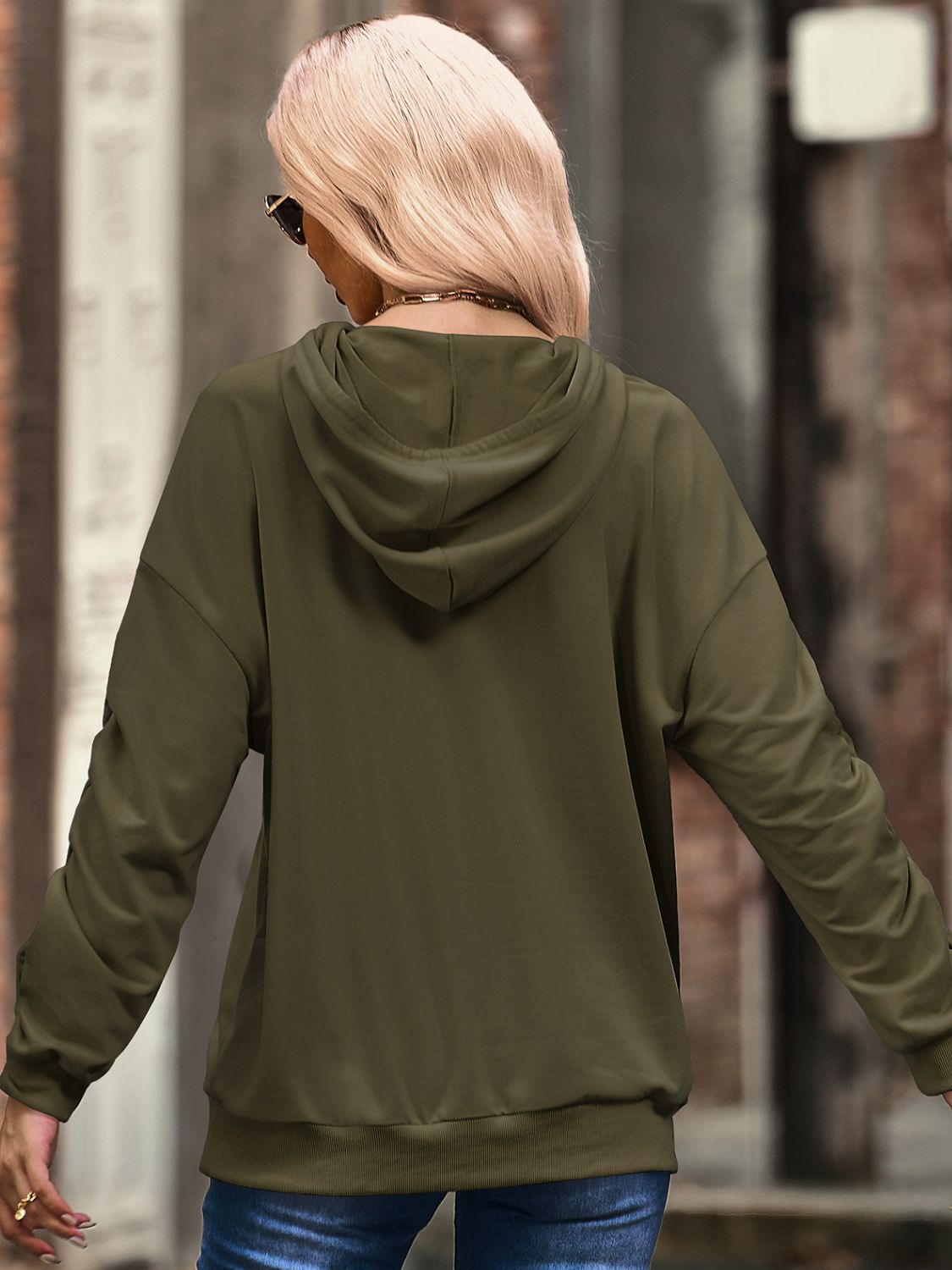 Gathered Detail Drawstring Hoodie with Kangaroo Pocket