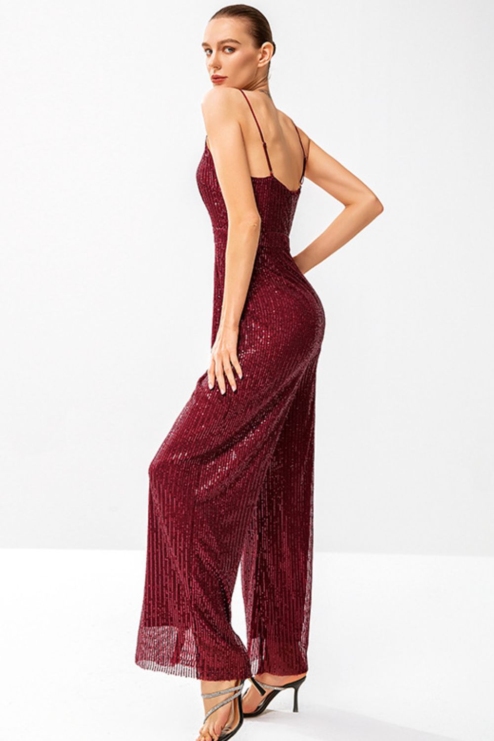 Sequined Spaghetti Strap Plunge Wide Leg Jumpsuit - Marie Lashaays 