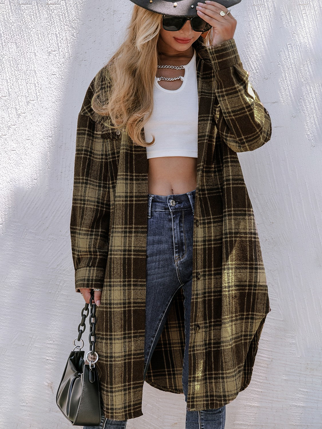 Plaid Dropped Shoulder Longline Shirt Jacket