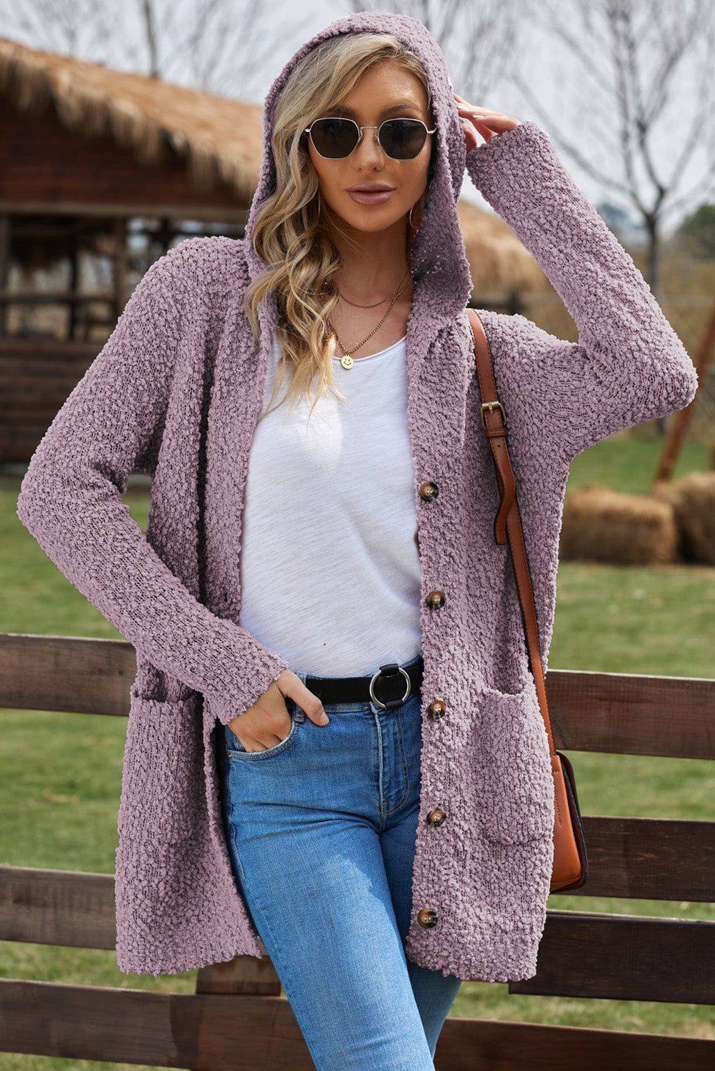 Popcorn-Knit Long Sleeve Hooded Cardigan