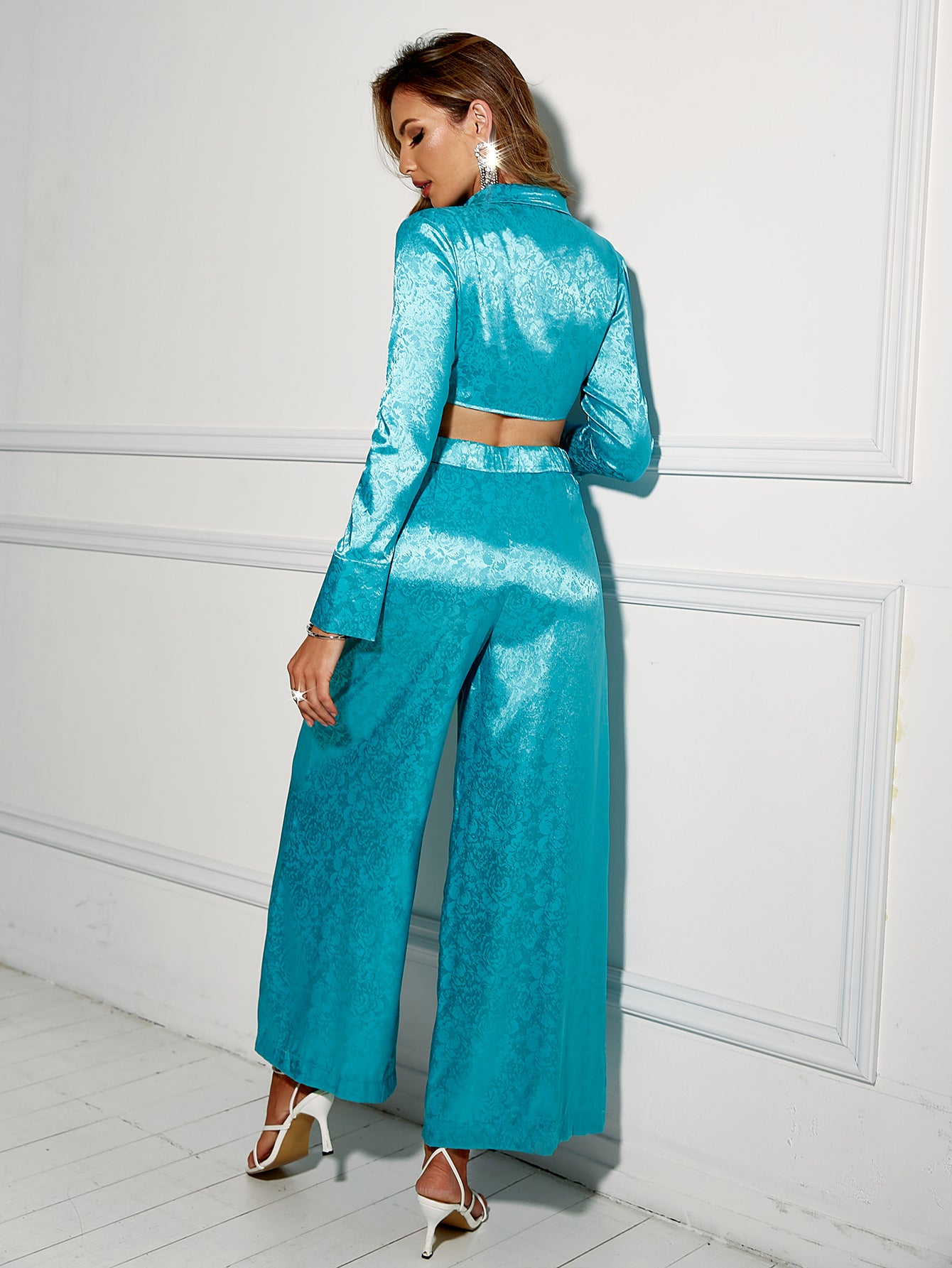 Floral Satin Tie Front Cropped Top and Wide Leg Pants Set - Marie Lashaays 