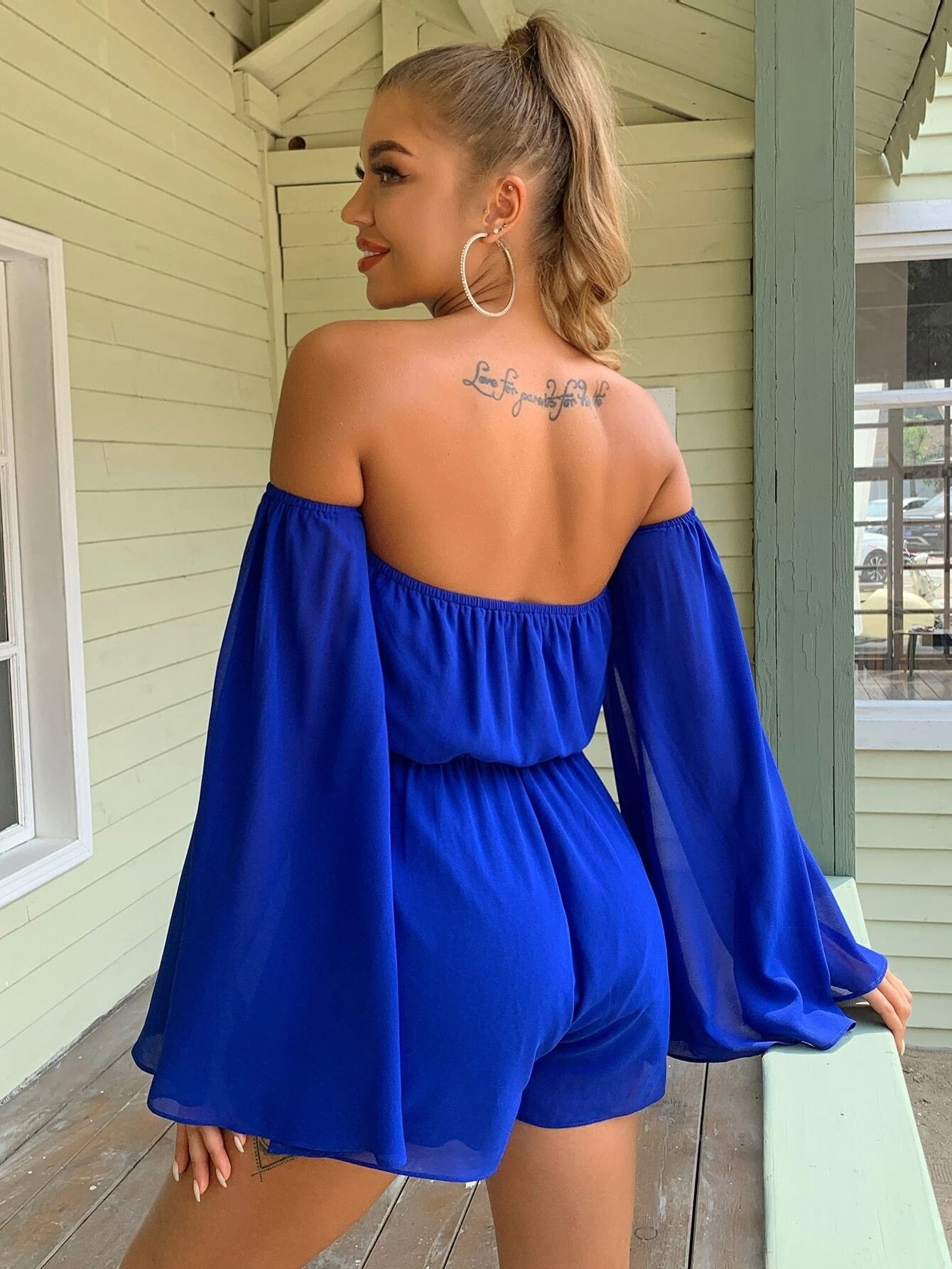 Off-Shoulder Tie Front Split Sleeve Romper - Marie Lashaays 