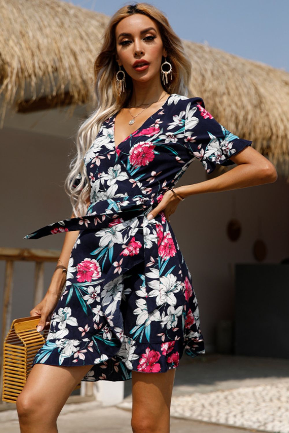 Floral Tied Flounce Sleeve Surplice Dress