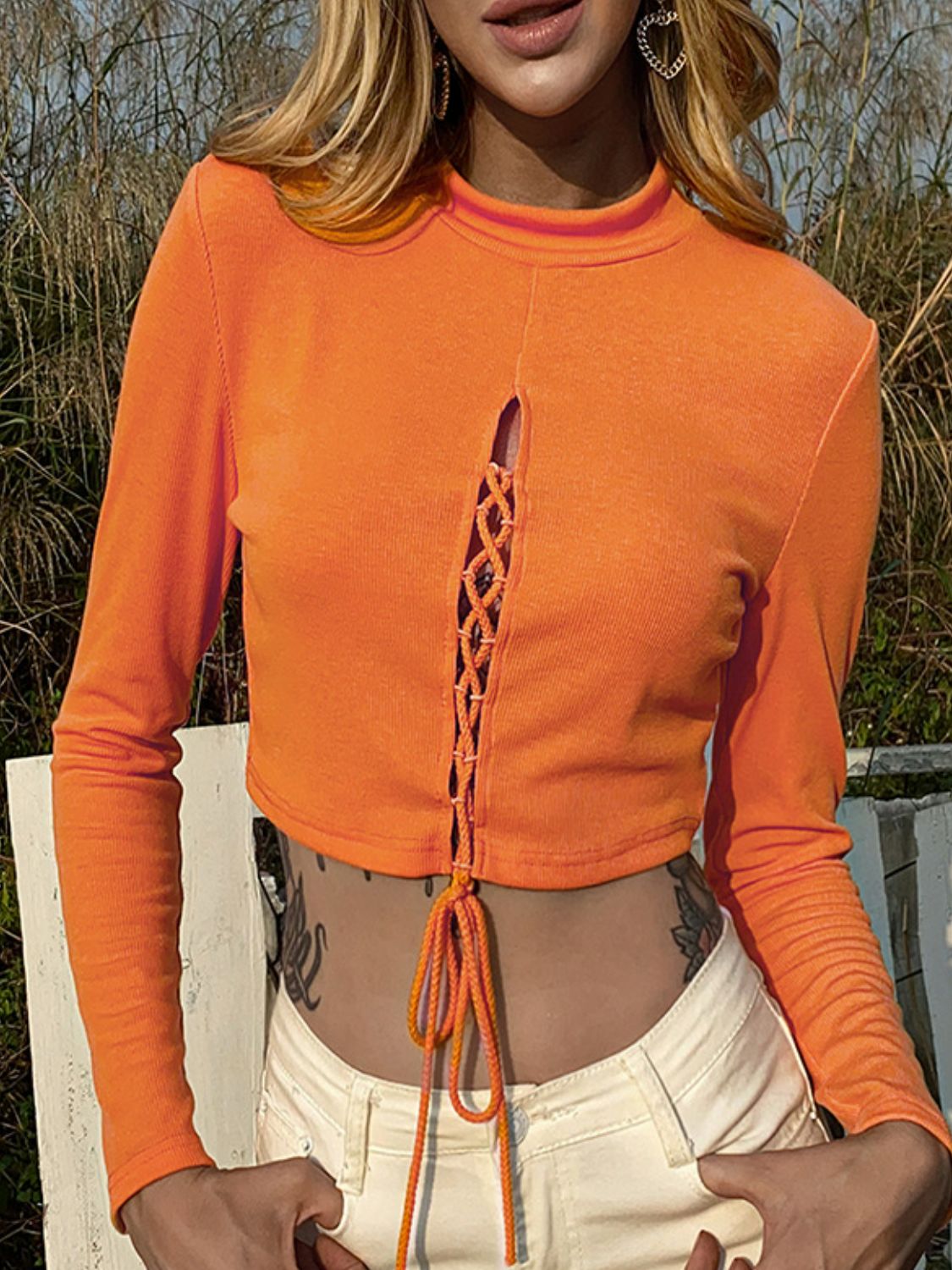 Lace-Up Mock Neck Crop Top