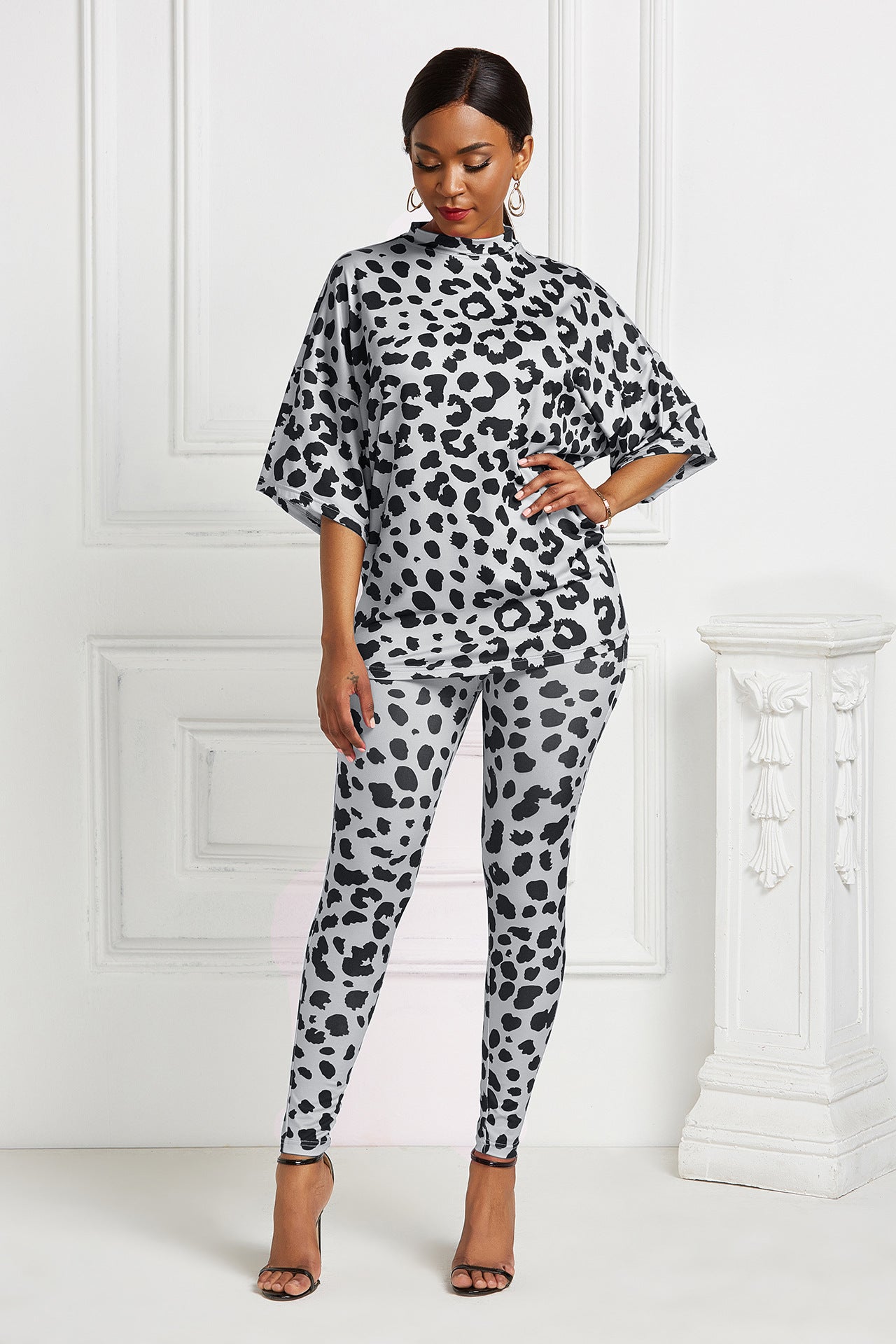 Leopard Print Mock Neck Doman Sleeve Tee and Leggings Set - Marie Lashaays 