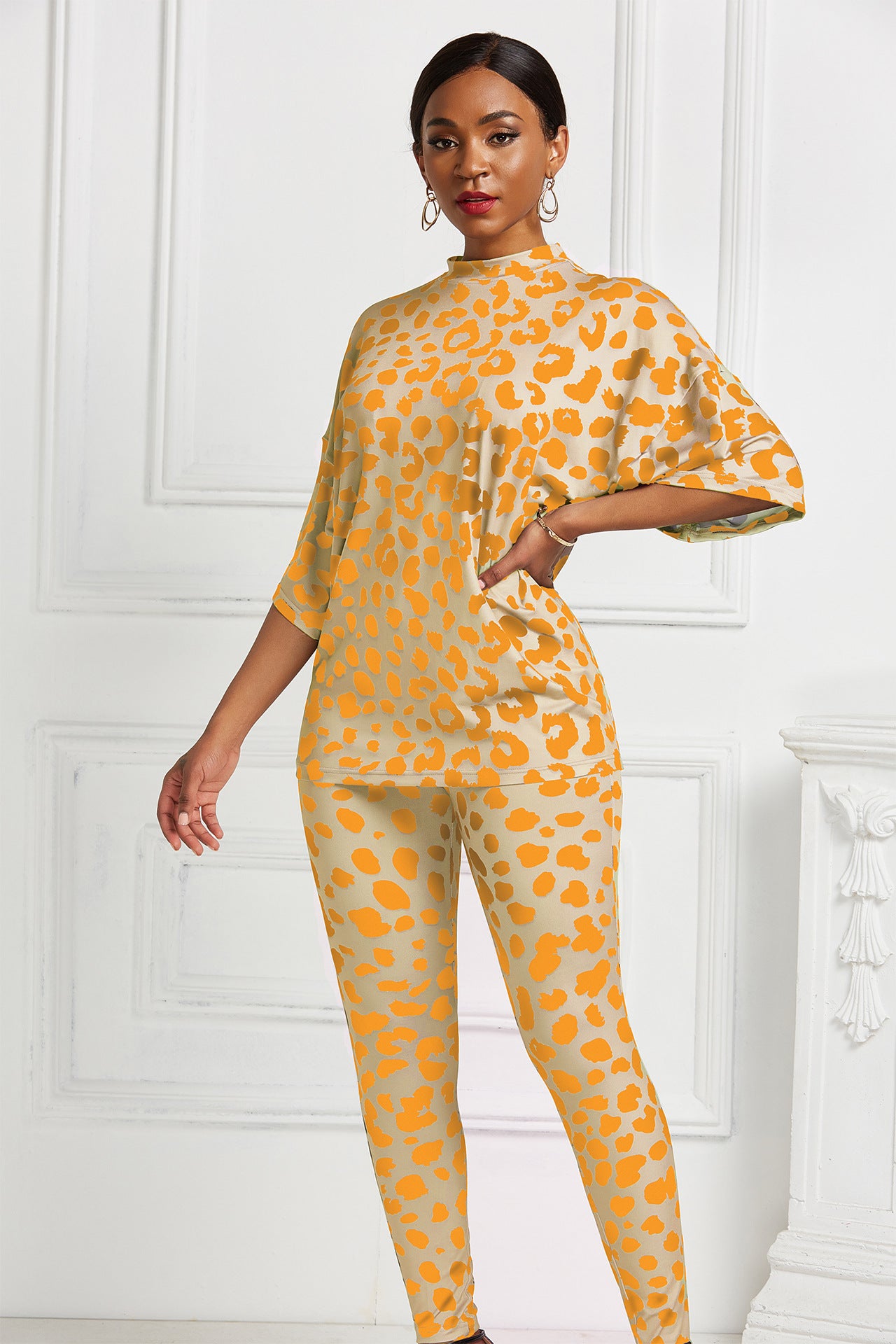 Leopard Print Mock Neck Doman Sleeve Tee and Leggings Set - Marie Lashaays 