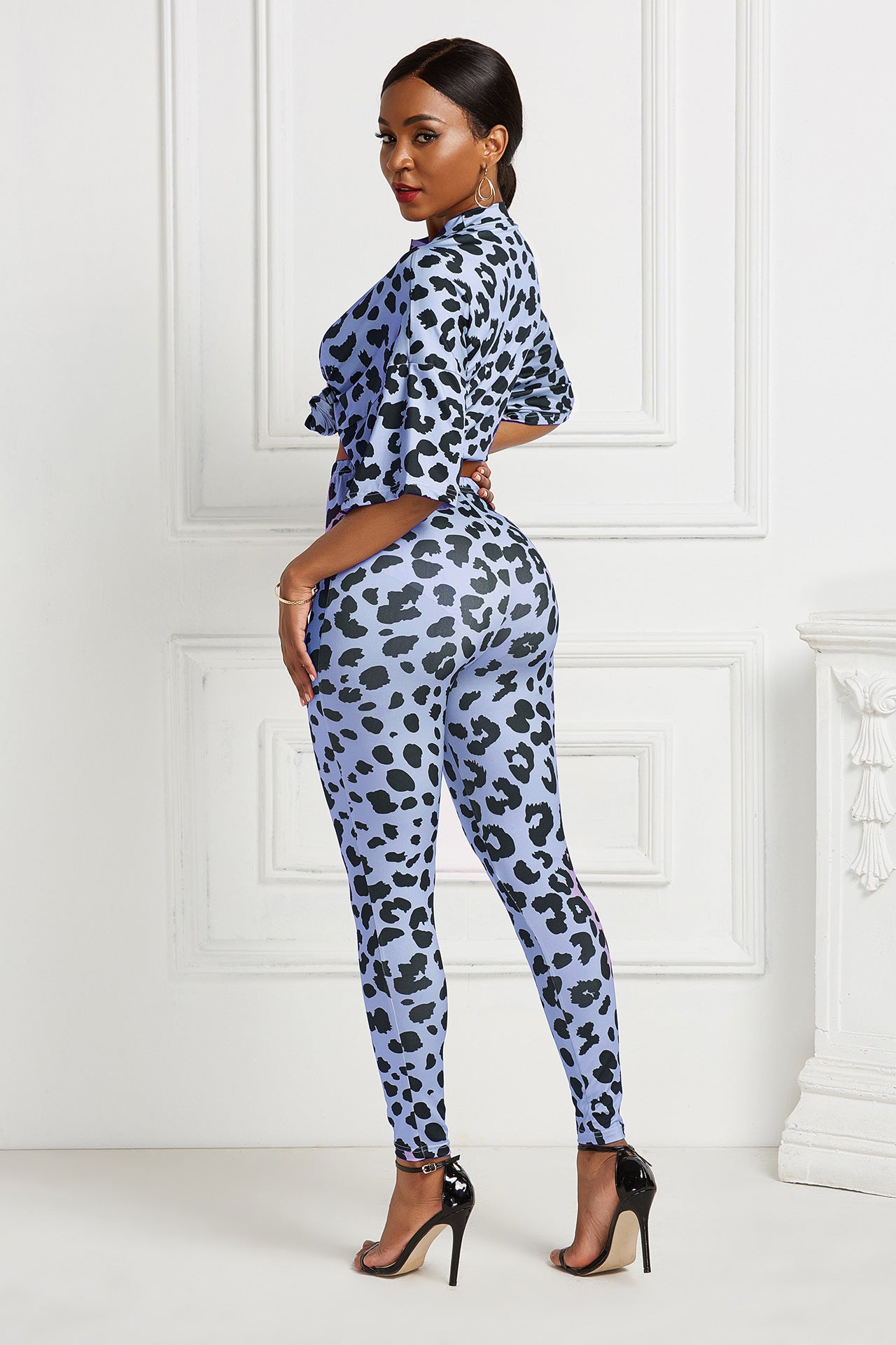 Leopard Print Mock Neck Doman Sleeve Tee and Leggings Set - Marie Lashaays 