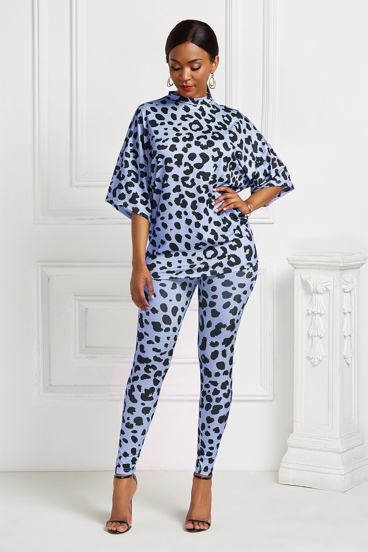 Leopard Print Mock Neck Doman Sleeve Tee and Leggings Set - Marie Lashaays 