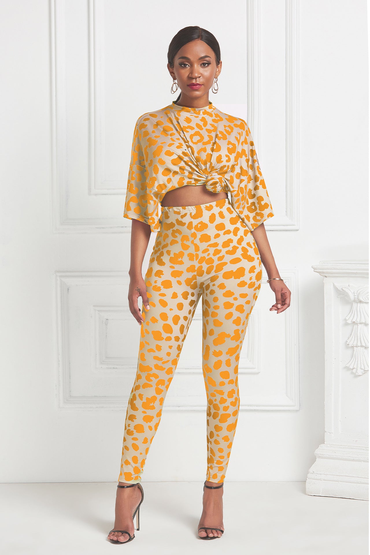 Leopard Print Mock Neck Doman Sleeve Tee and Leggings Set - Marie Lashaays 