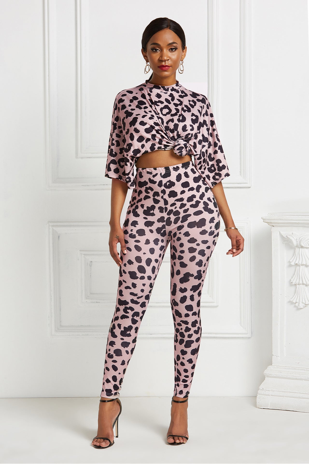 Leopard Print Mock Neck Doman Sleeve Tee and Leggings Set - Marie Lashaays 