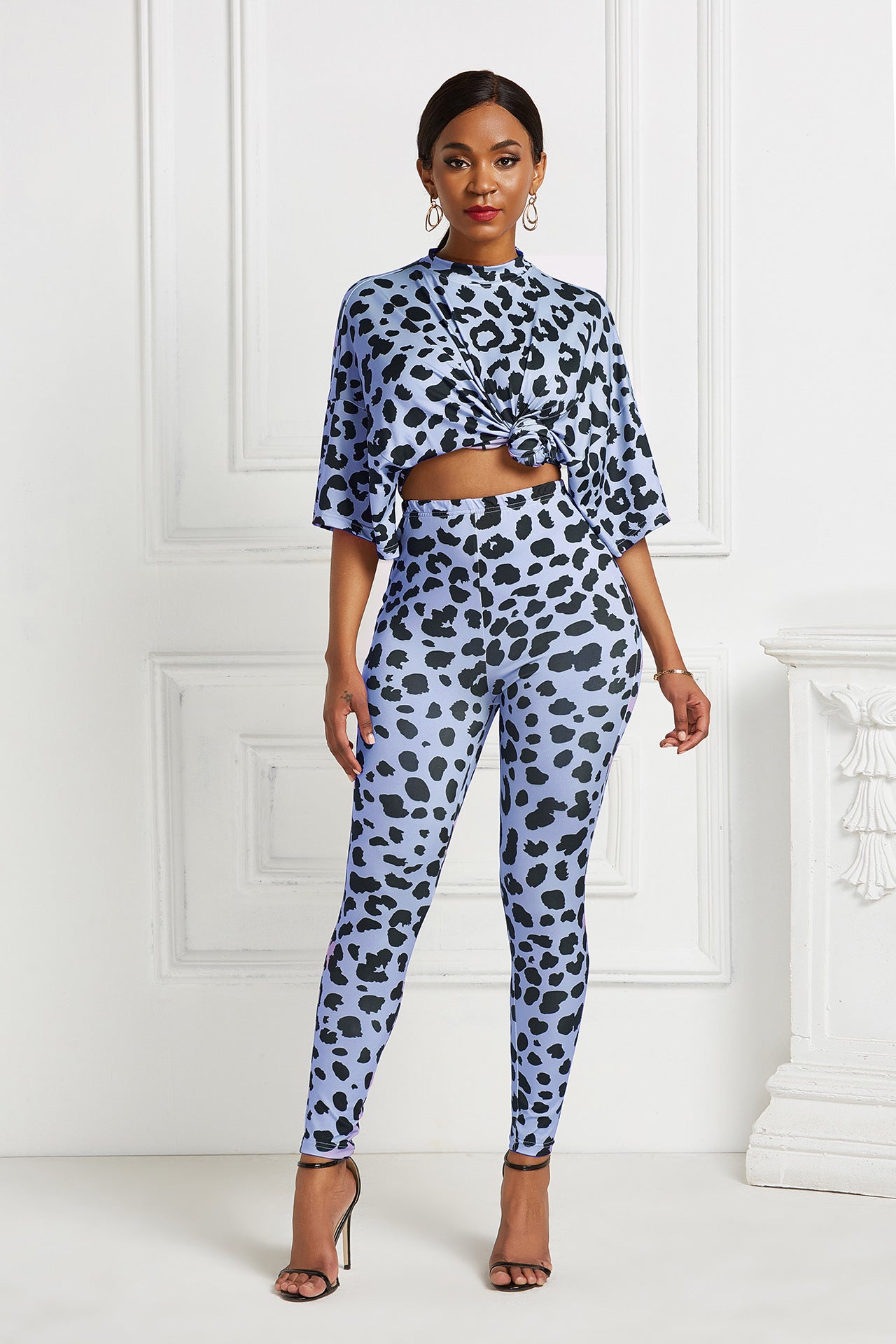 Leopard Print Mock Neck Doman Sleeve Tee and Leggings Set - Marie Lashaays 