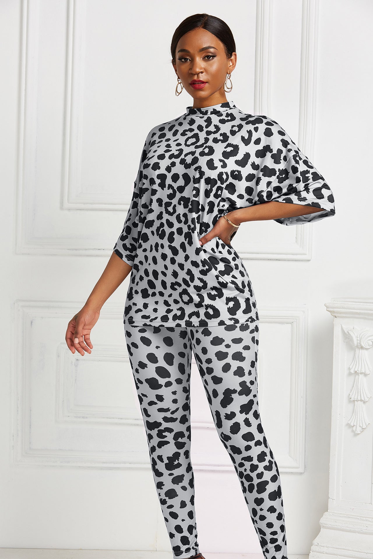 Leopard Print Mock Neck Doman Sleeve Tee and Leggings Set - Marie Lashaays 