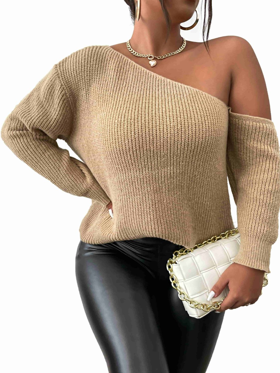 Plus Size One-Shoulder Rib-Knit Tunic Sweater