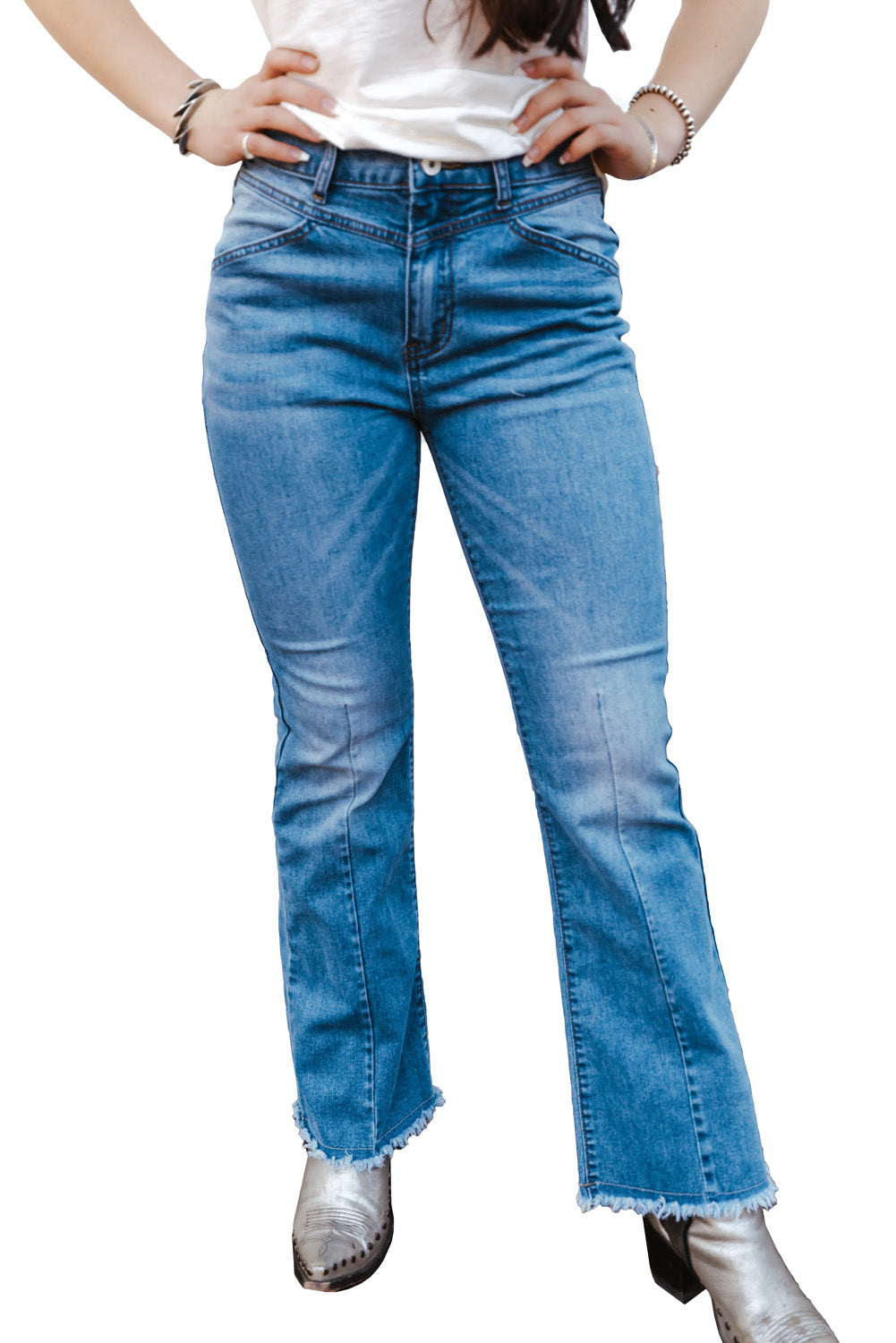 Seam Detail Raw Hem High Waist Flare Jeans