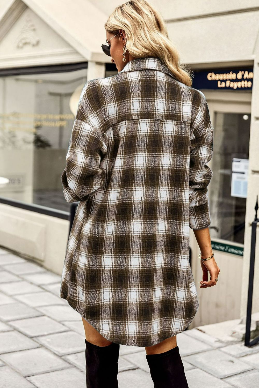 Plaid Curved Hem Longline Shirt Jacket