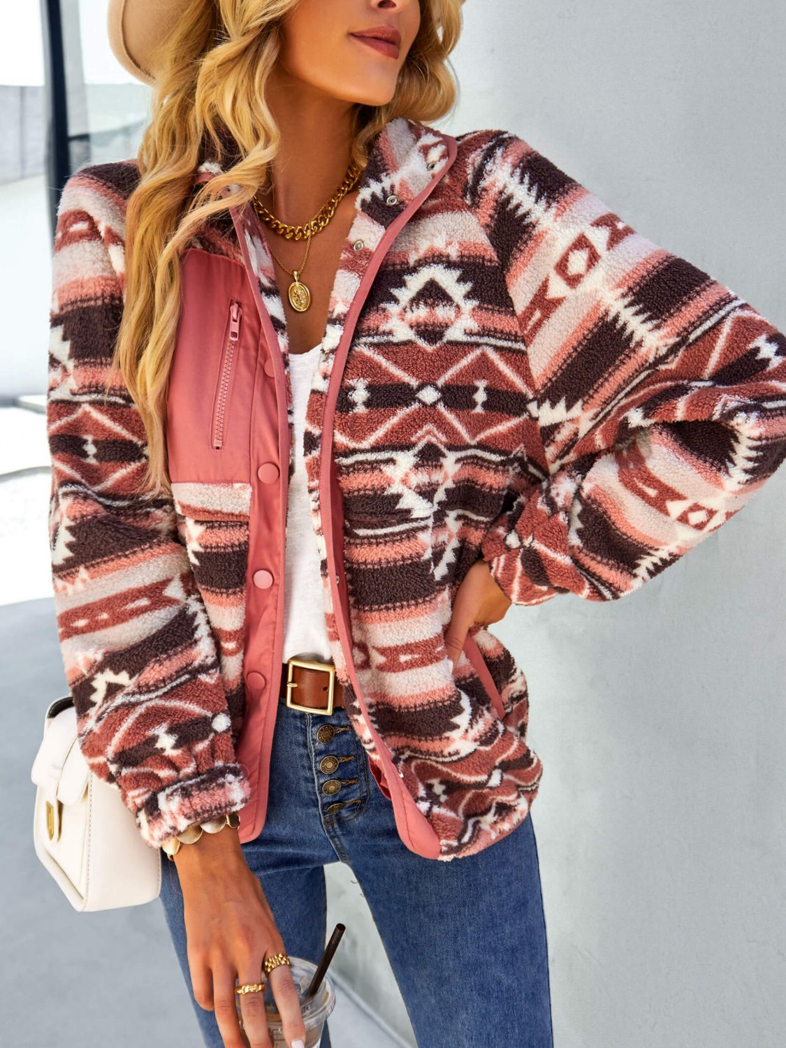 Printed Snap Down Sherpa Jacket