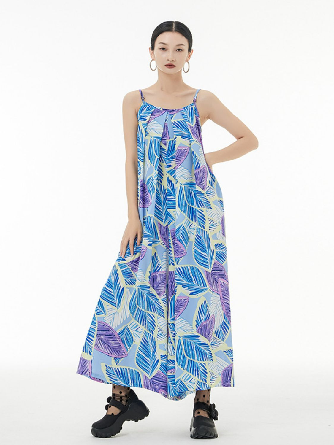 Printed Spaghetti Strap Scoop Neck Wide Leg Jumpsuit