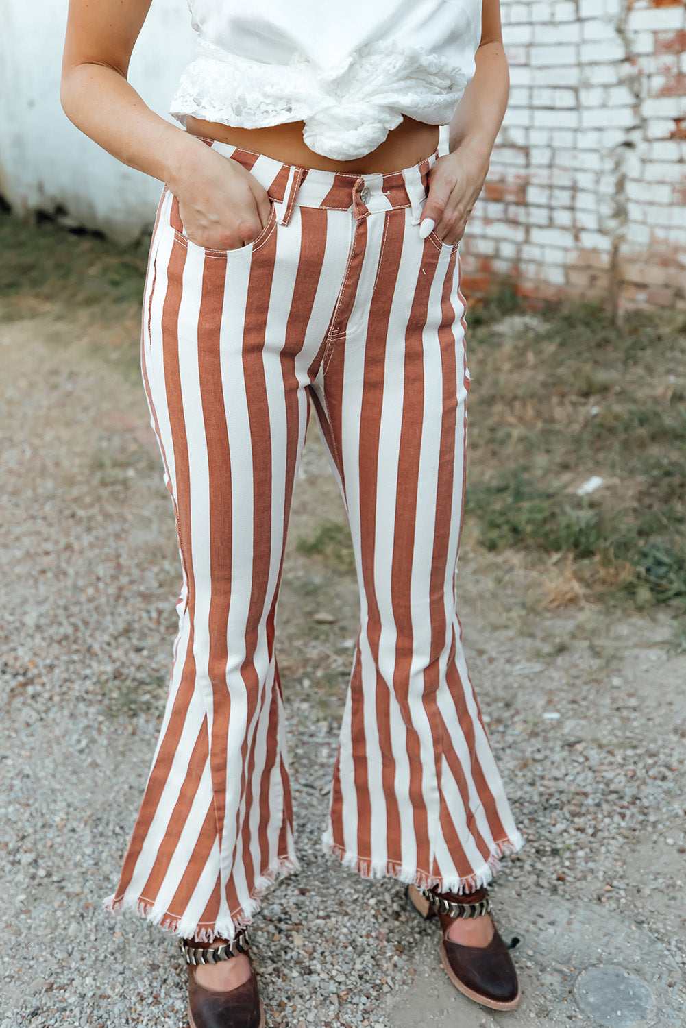 Striped Raw Hem Bell Bottom Jeans