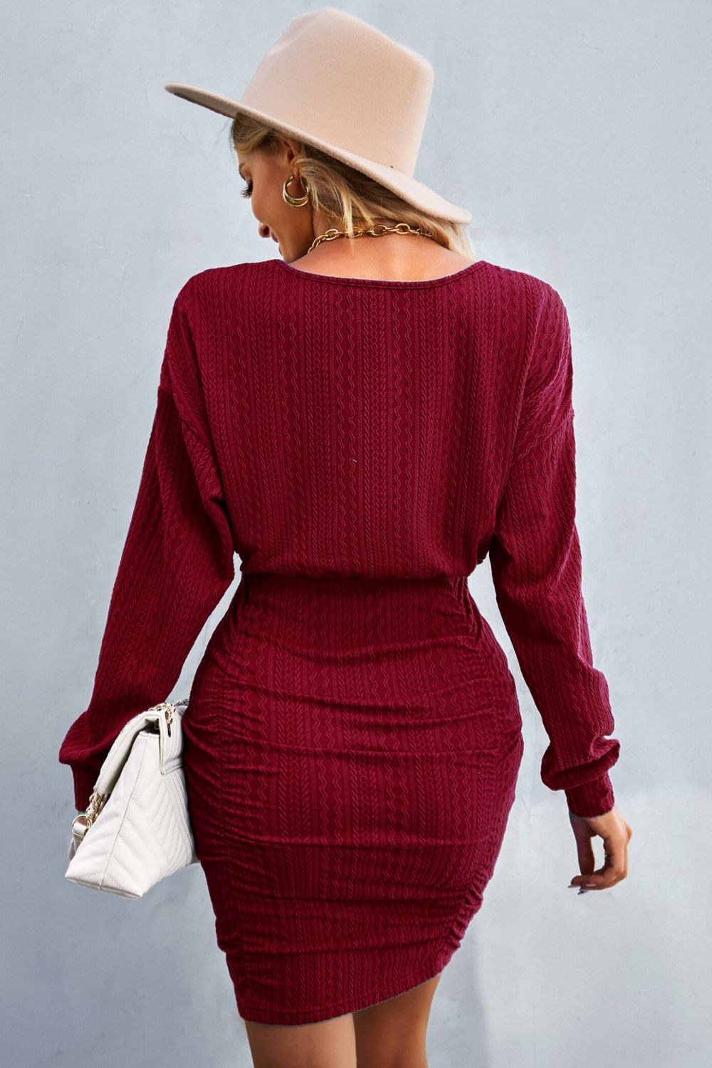 Ruched Dropped Shoulder Textured Knit Dress