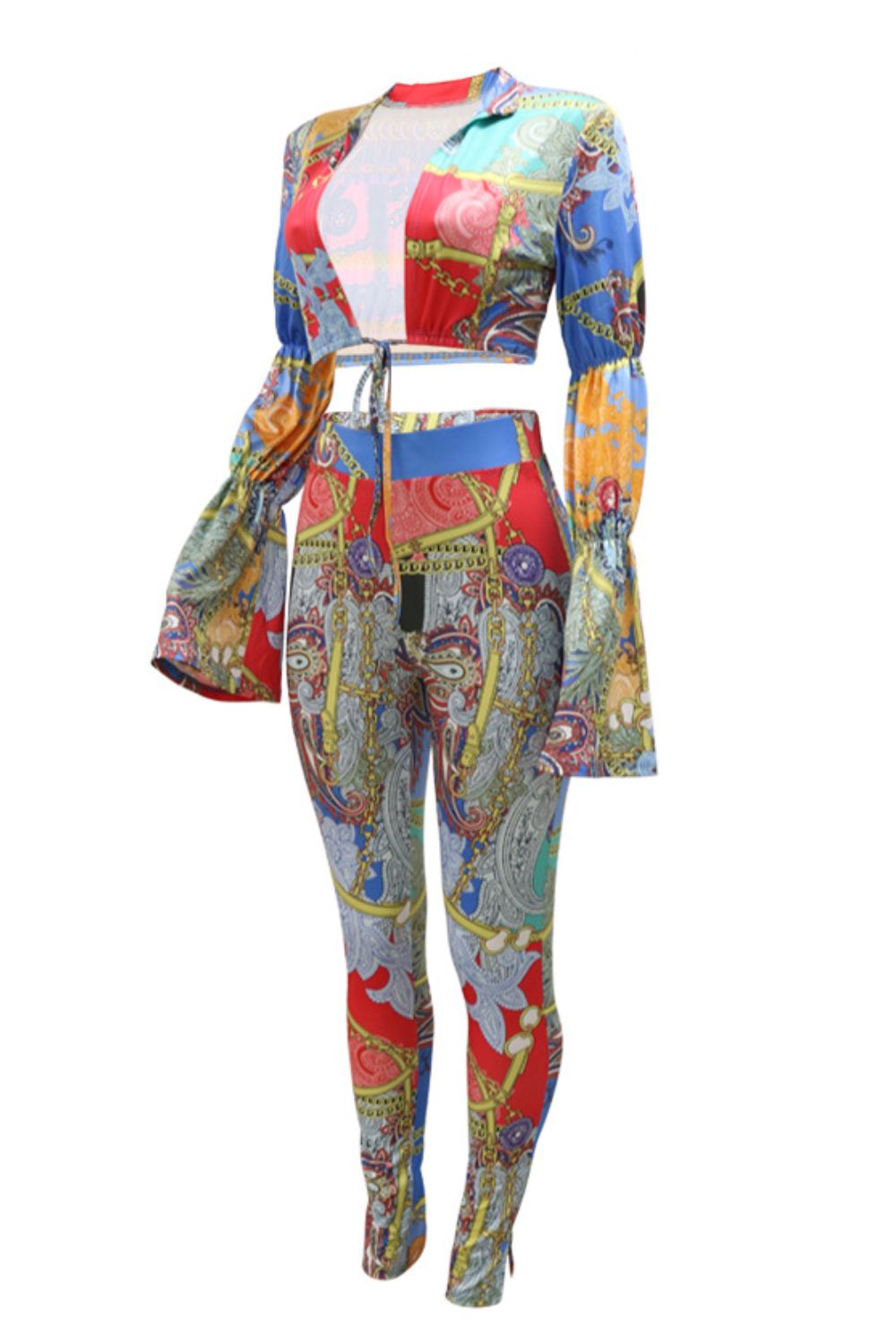 Scarf Print Bubble Sleeve Cropped Top and Leggings Set - Marie Lashaays 