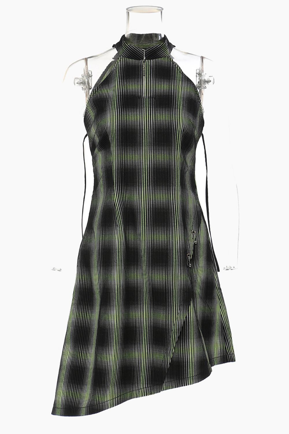 Plaid Asymmetrical Dress with Detachable Sleeves