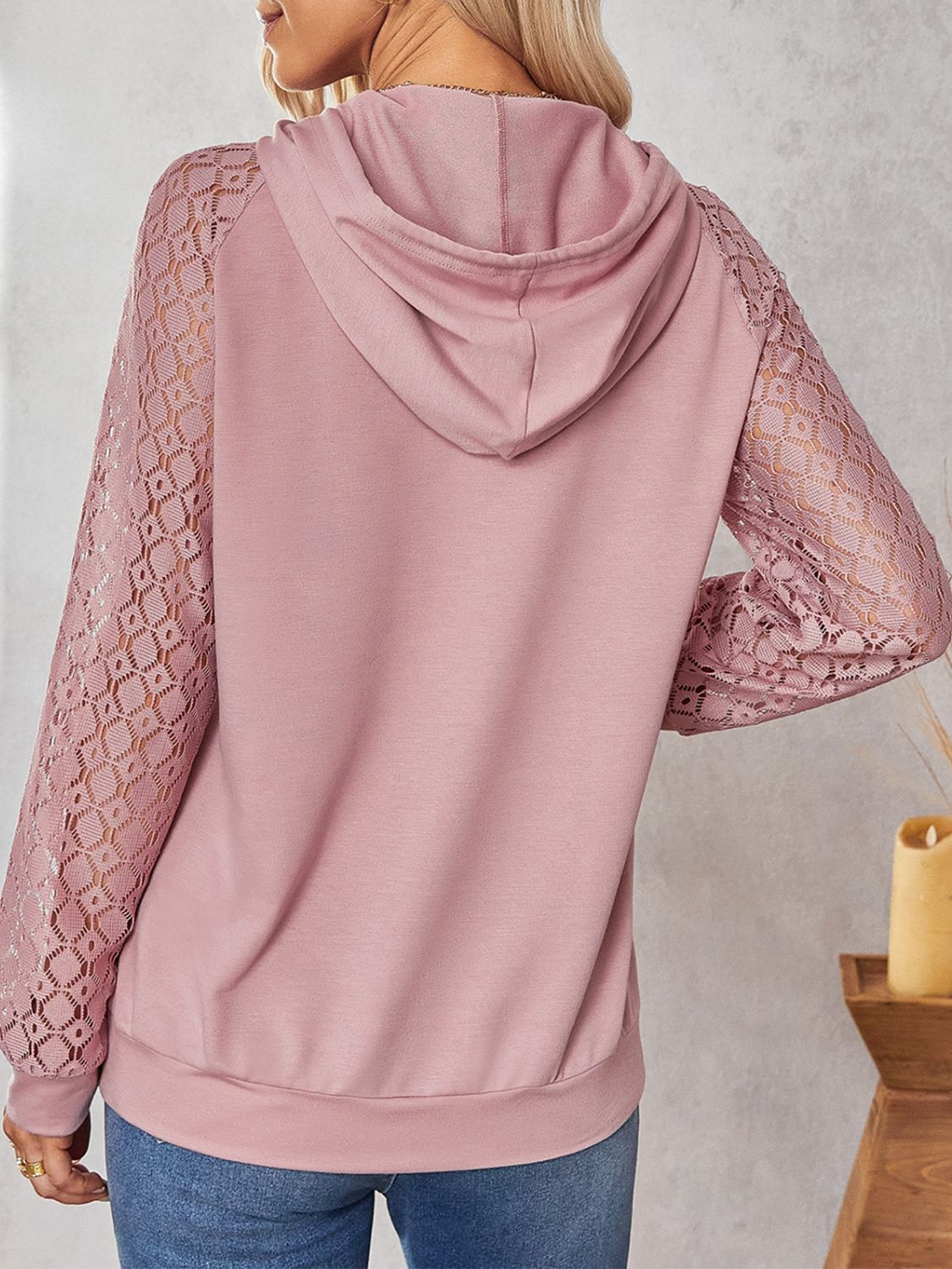 Lace Raglan Sleeve Drawstring Detail Hoodie