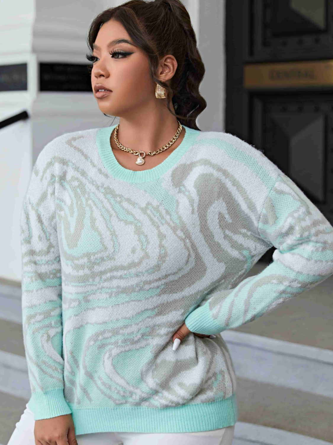 Plus Size Printed Ribbed Trim Round Neck Sweater