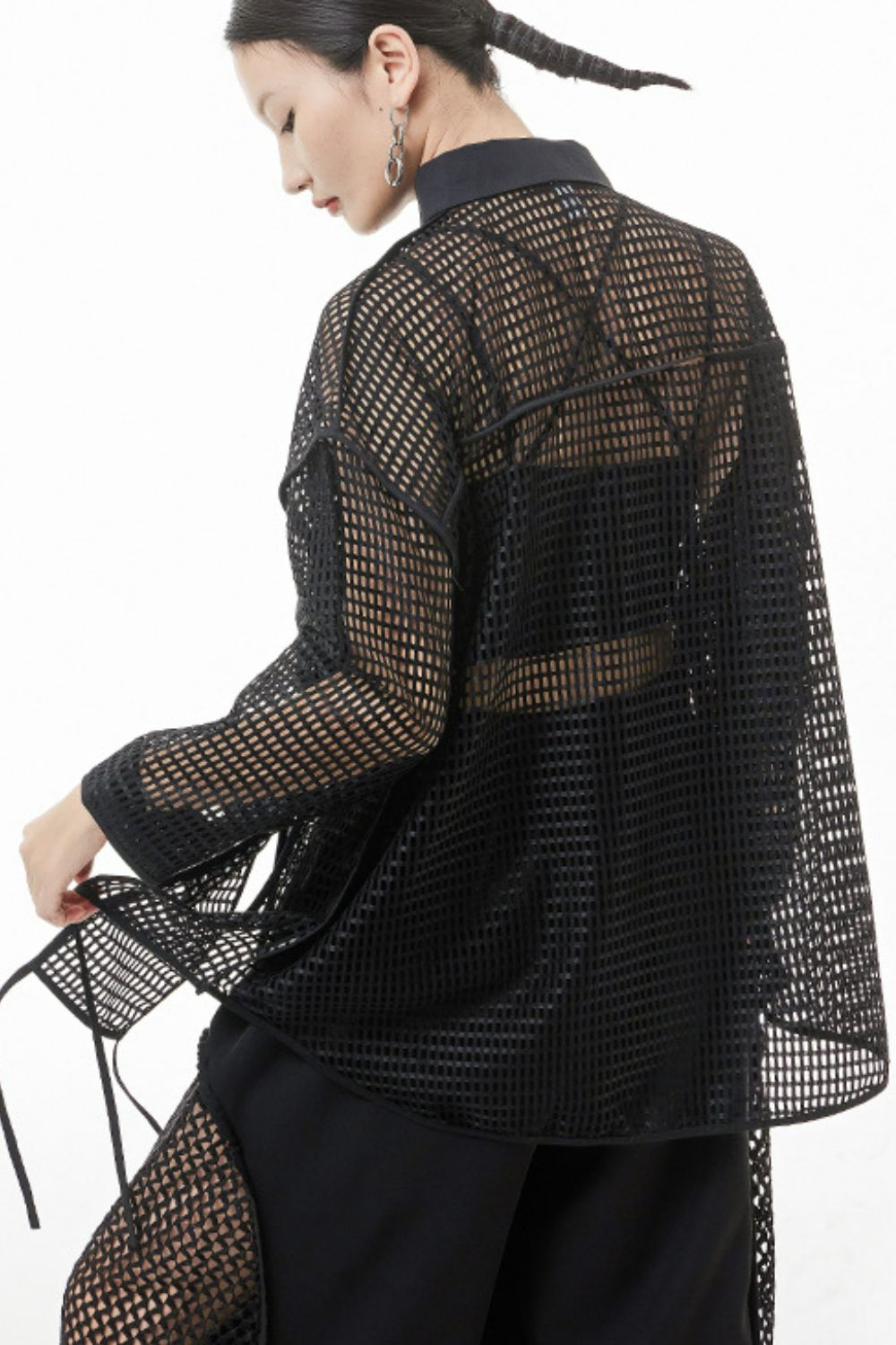 Openwork Mesh Slit Long Sleeve Shirt