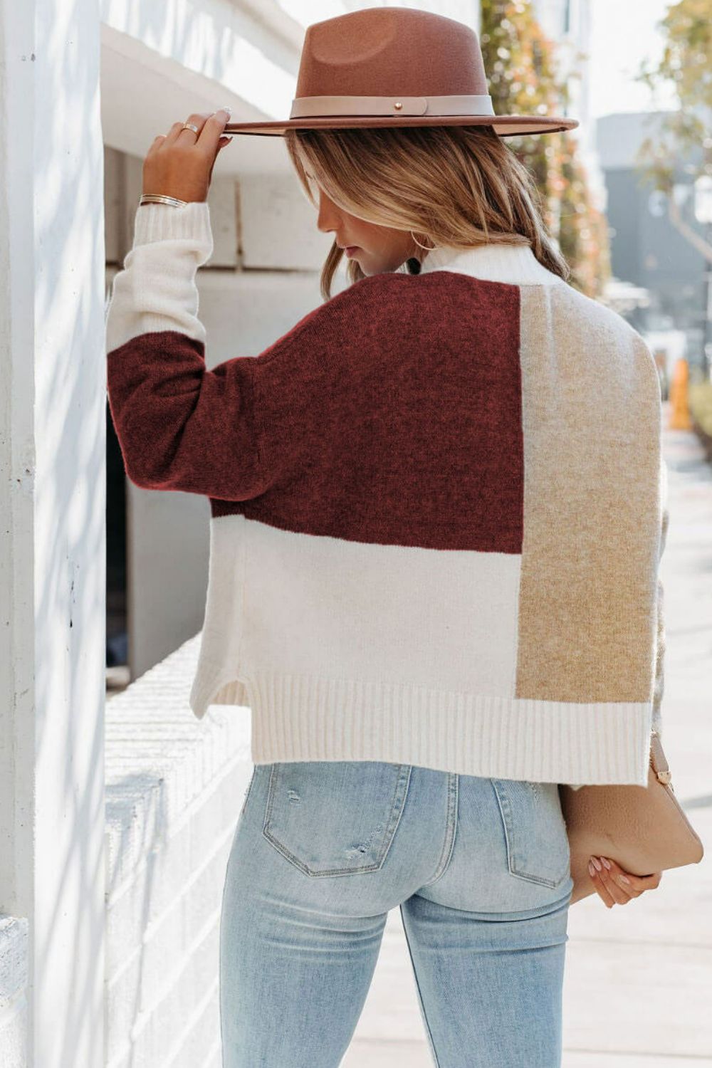 Color Block Dropped Shoulder Ribbed Trim Sweater