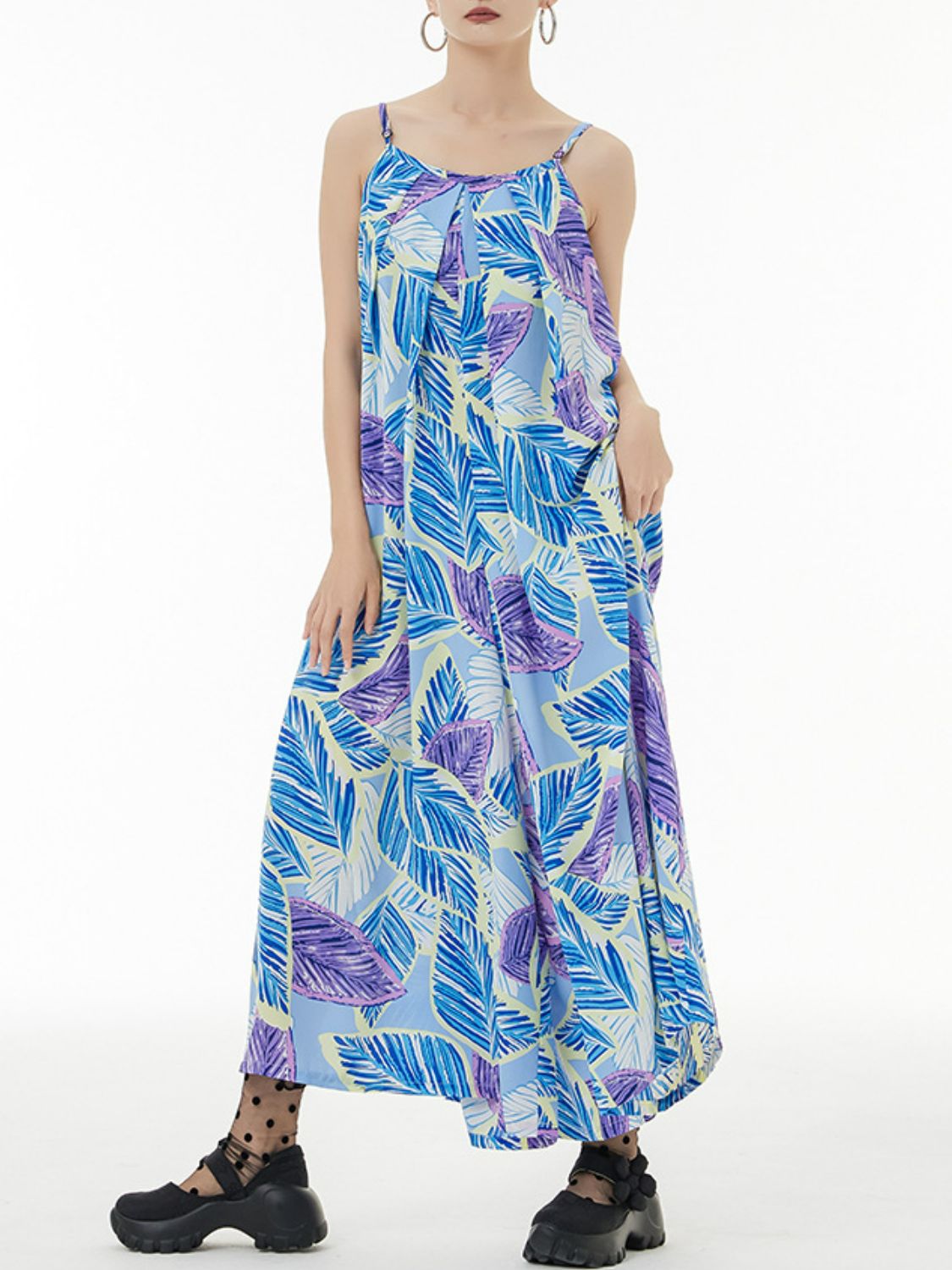 Printed Spaghetti Strap Scoop Neck Wide Leg Jumpsuit