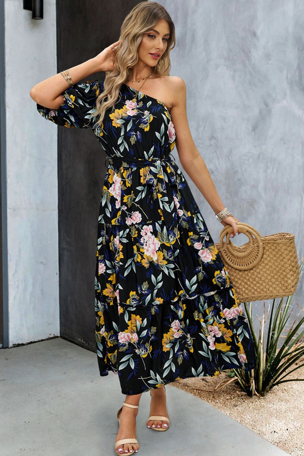 Printed One-Shoulder Tie Belt Maxi Dress